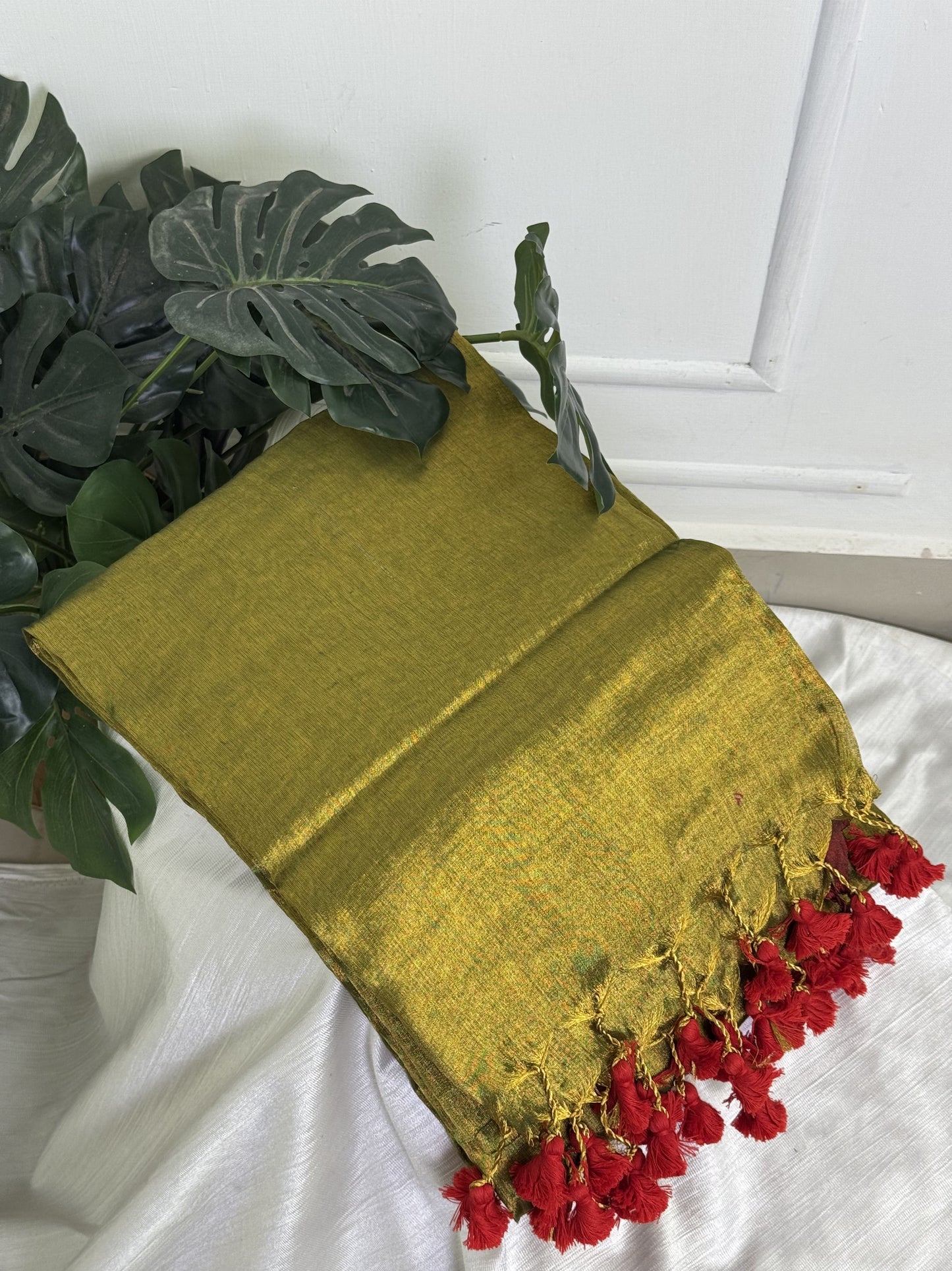 Mehendi Green Red Plain Tissue Saree