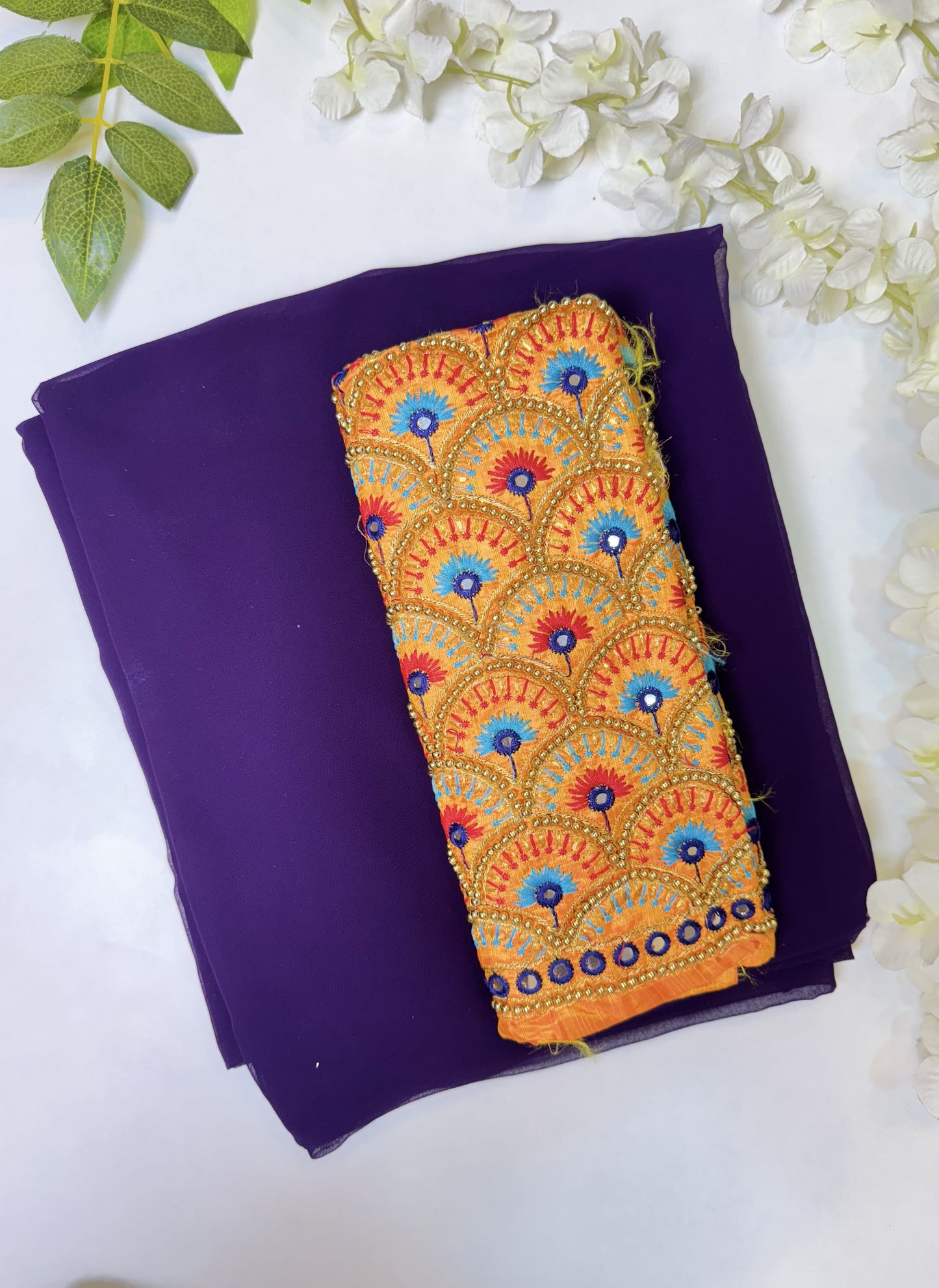 Violet Chiffon Saree with work blouse combo