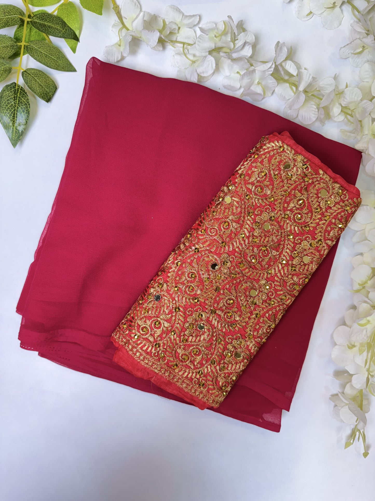 Red Chiffon Saree with work blouse combo