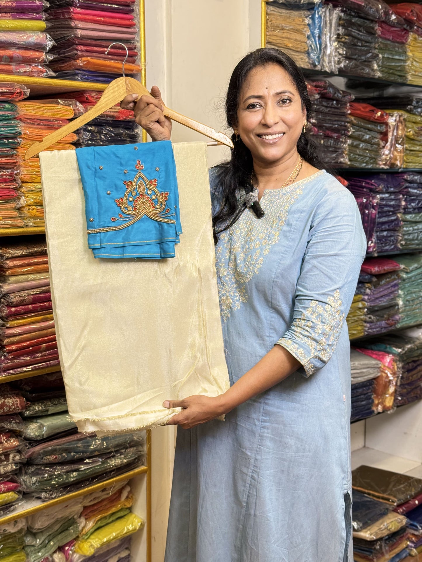 Light Gold Saree with work blouse combo