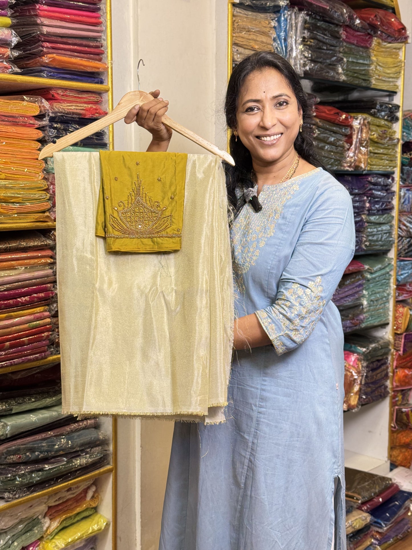 Light Gold Saree with work blouse combo