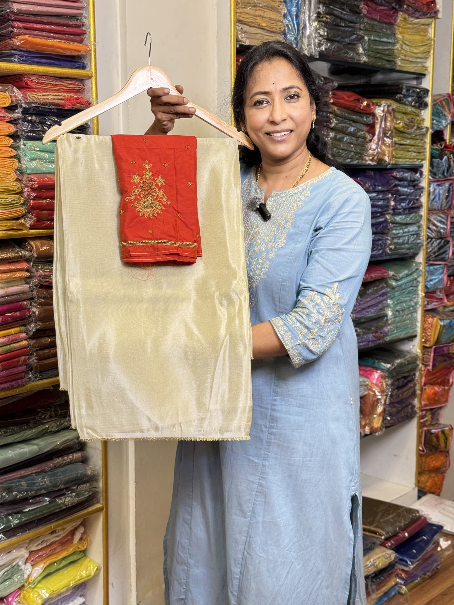 Light Gold Saree with work blouse combo