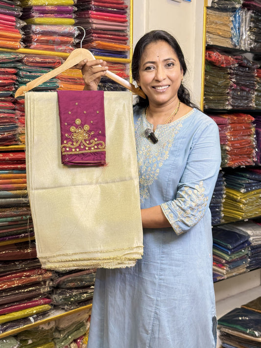 Light Gold Saree with work blouse combo