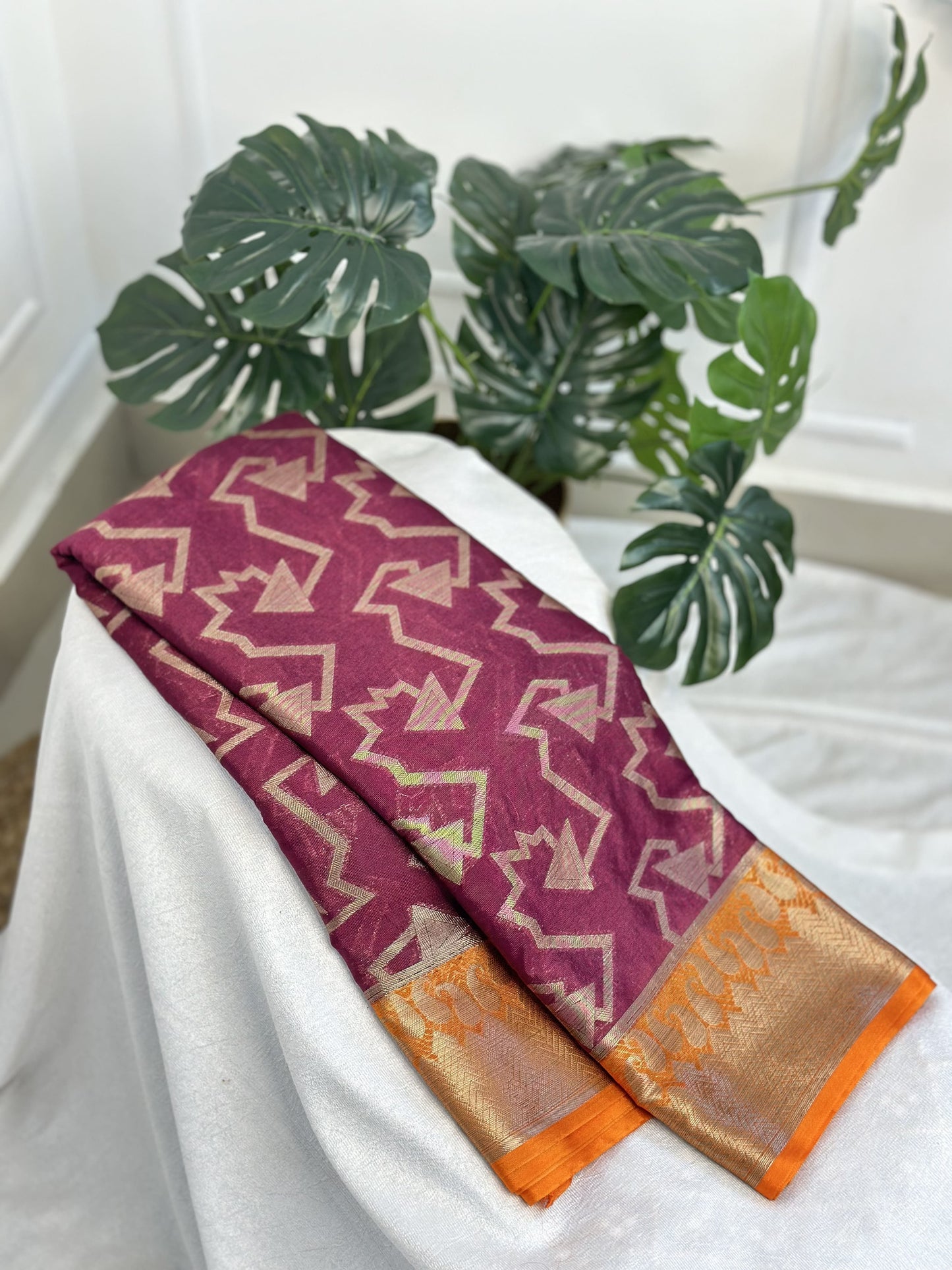 Meroon & Orange Warm Silk Saree