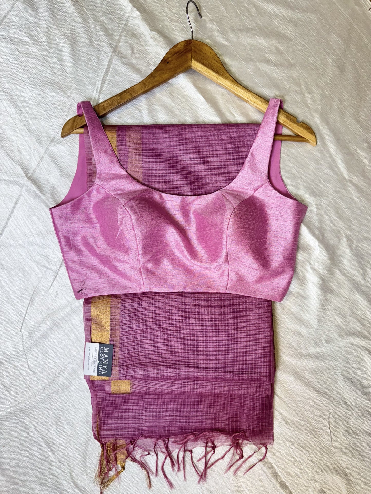 Light Pink Kota Cotton Saree With Sleeveless Blouse