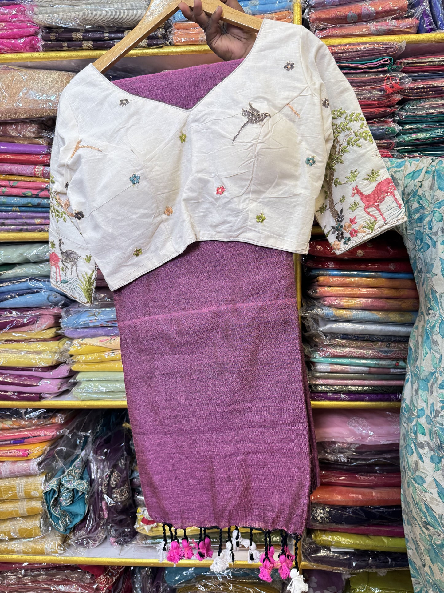 Magenta Khadi Cotton Saree With Stitched Blouse