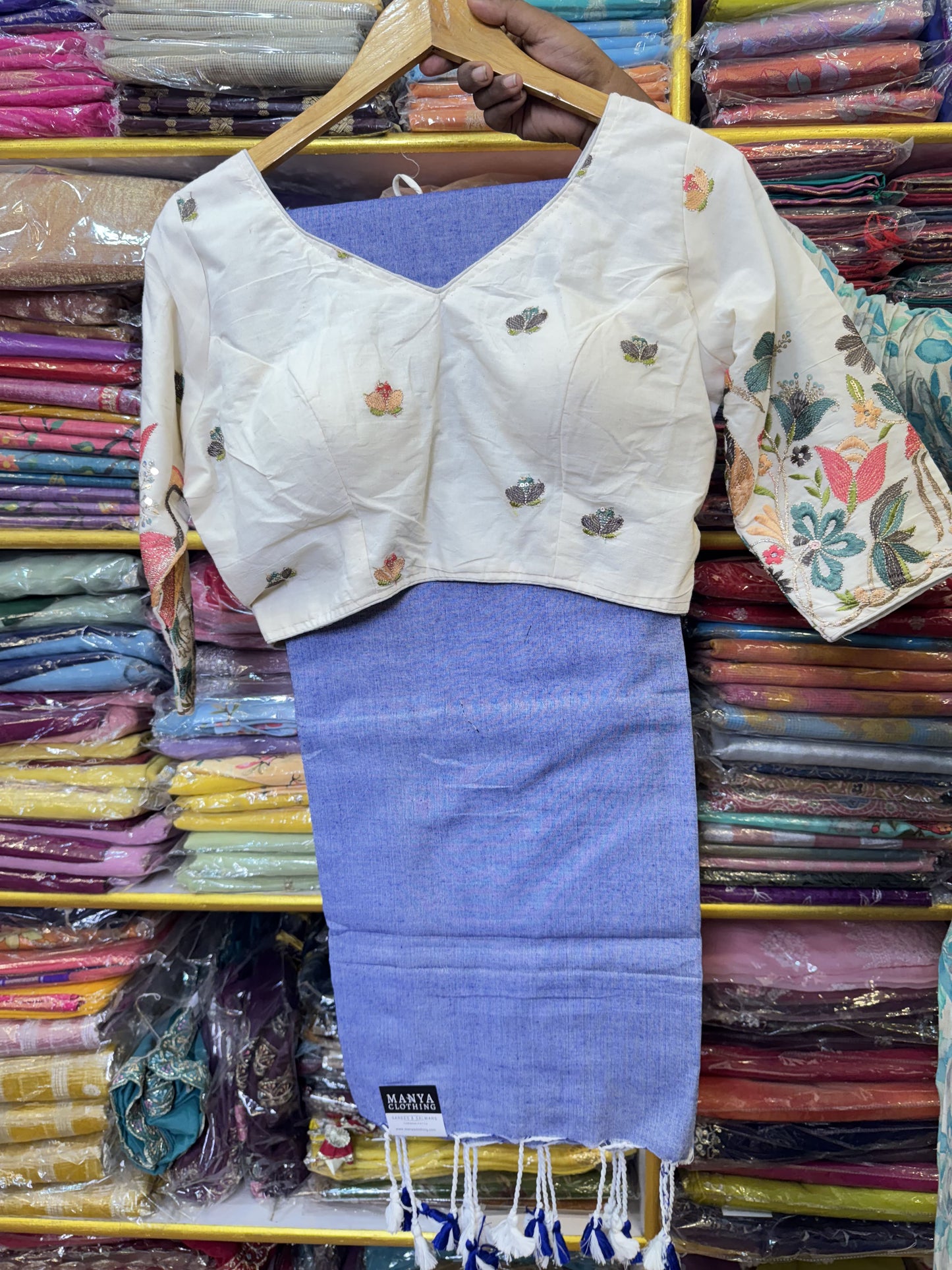 Lavendar Khadi Cotton Saree With Stitched Blouse