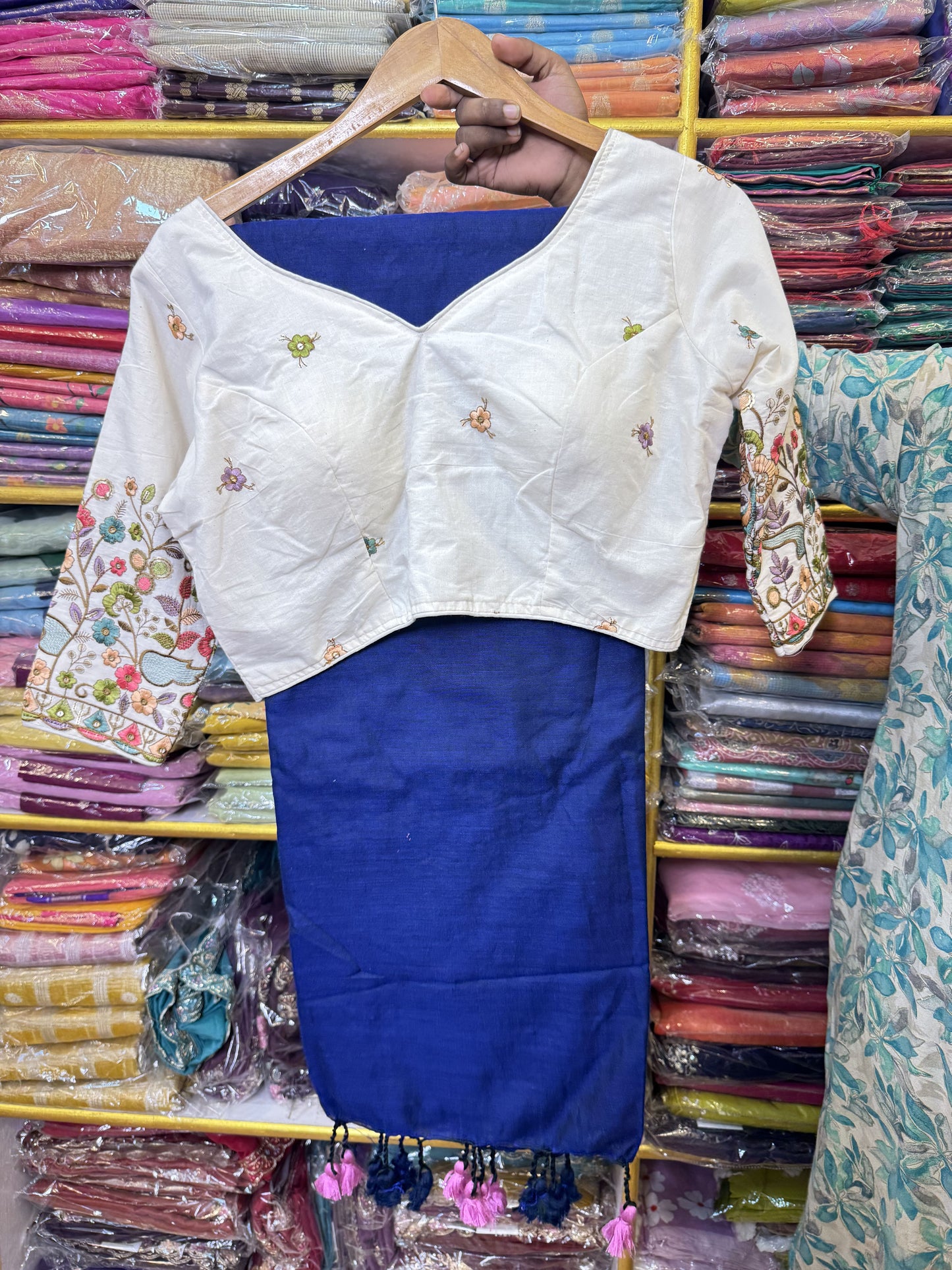 Blue Khadi Cotton Saree With Stitched Blouse