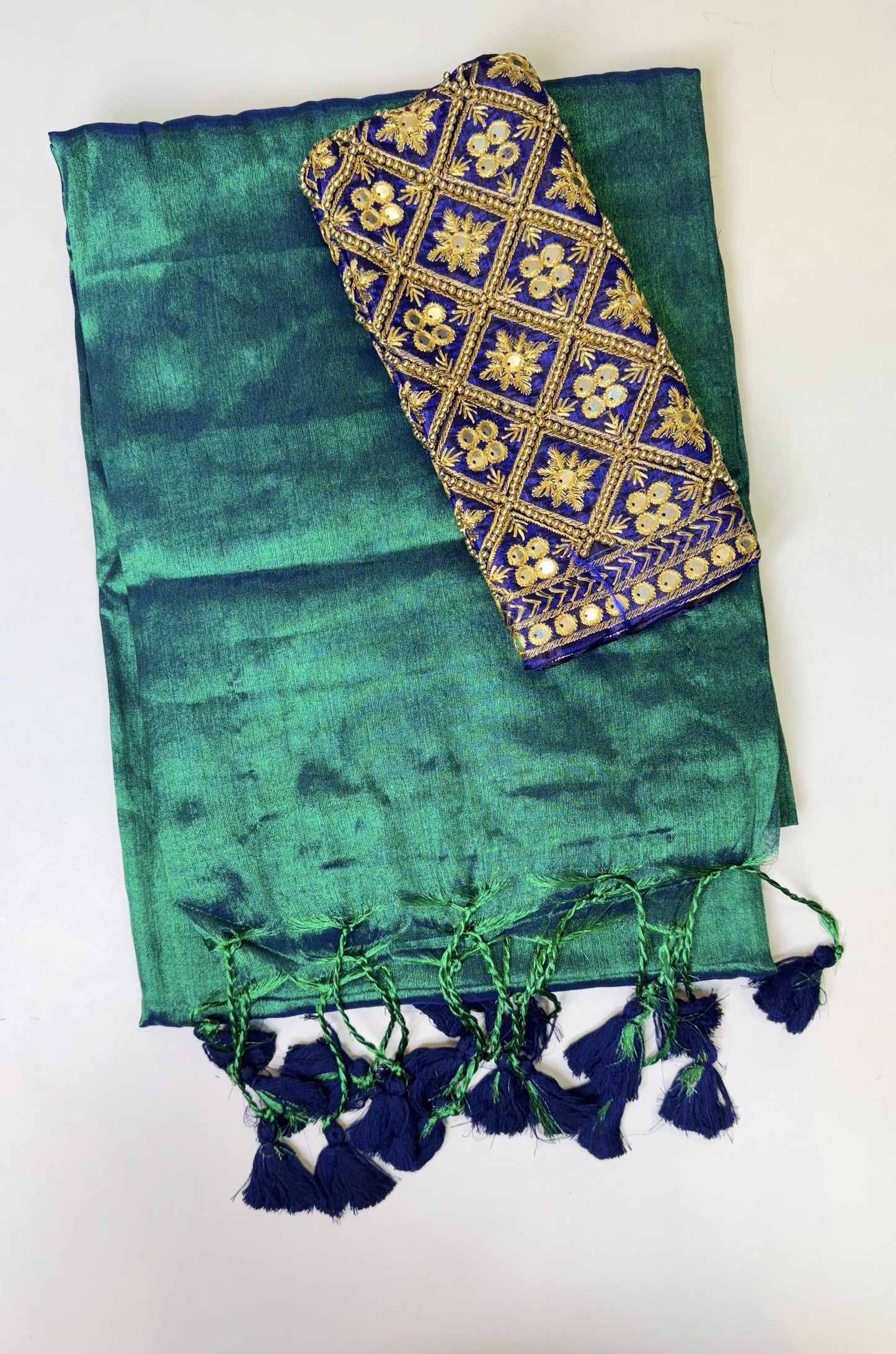 Peacock Green Navy Blue Tassels Plain Tissue Saree with Work Blouse Combo
