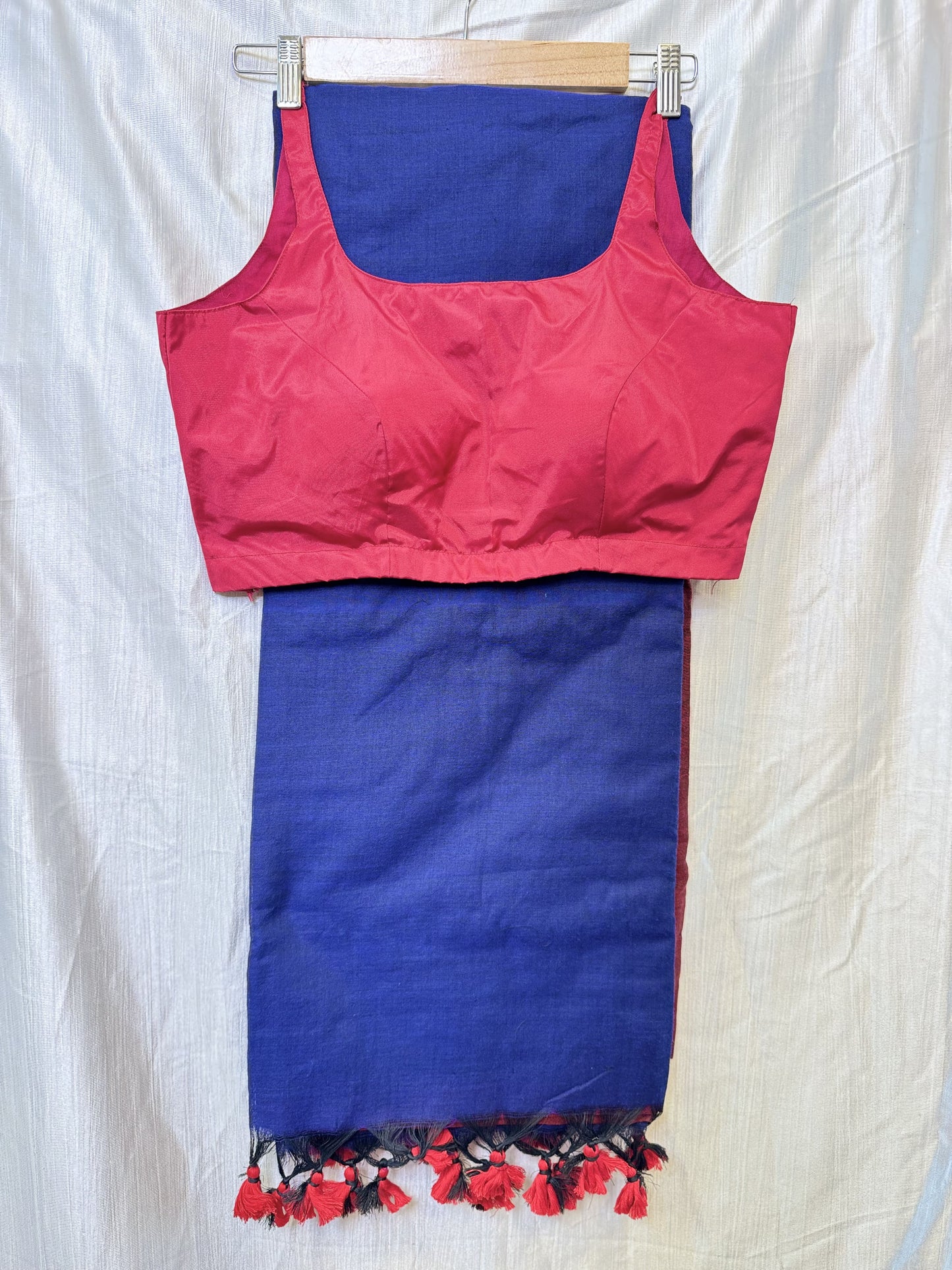 Blue with Maroon Khadi Cotton Sarees with Sleeveless Blouse Combo