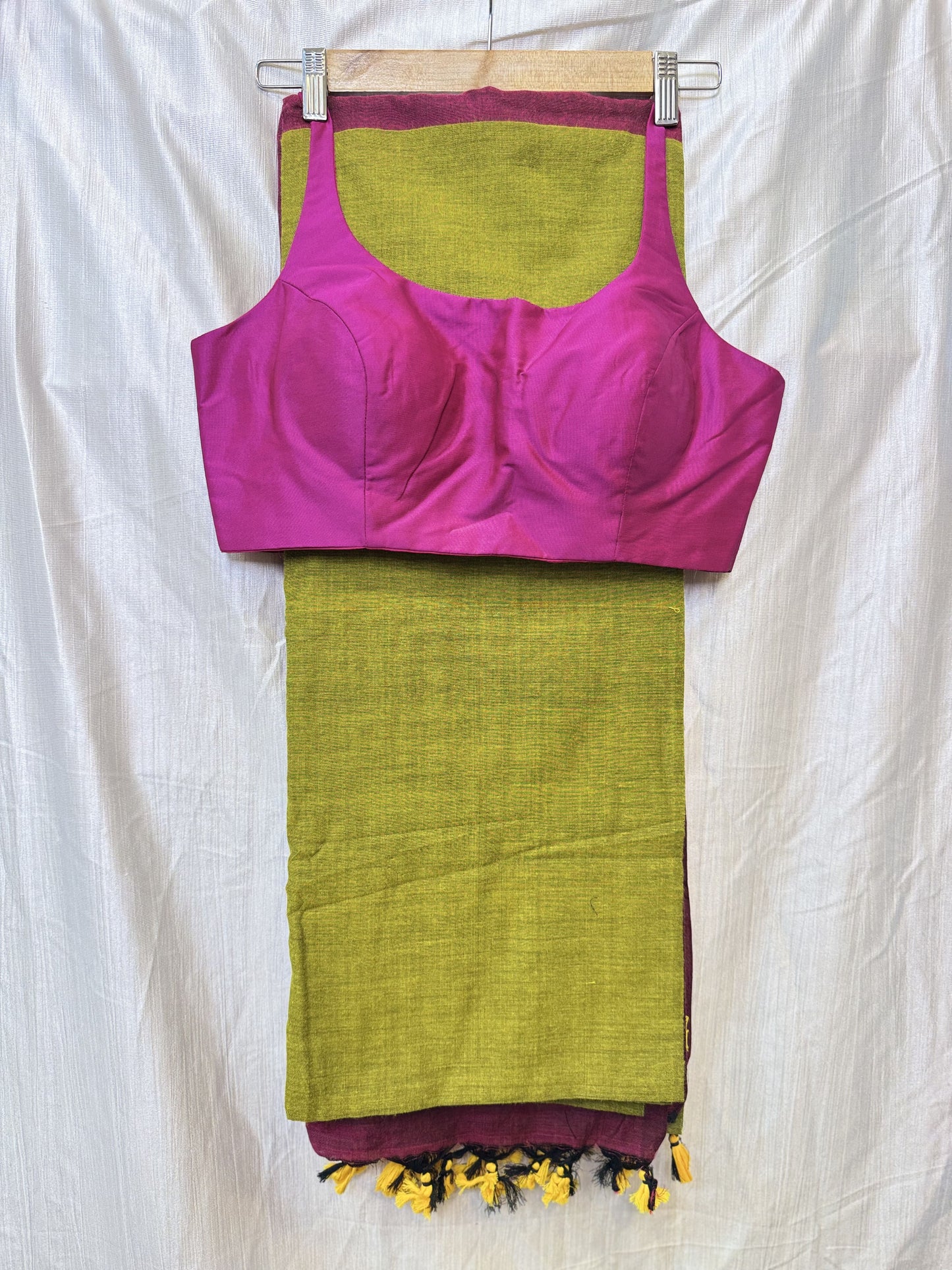 Mehendi Green with Magenta Khadi Cotton Sarees with Sleeveless Blouse Combo