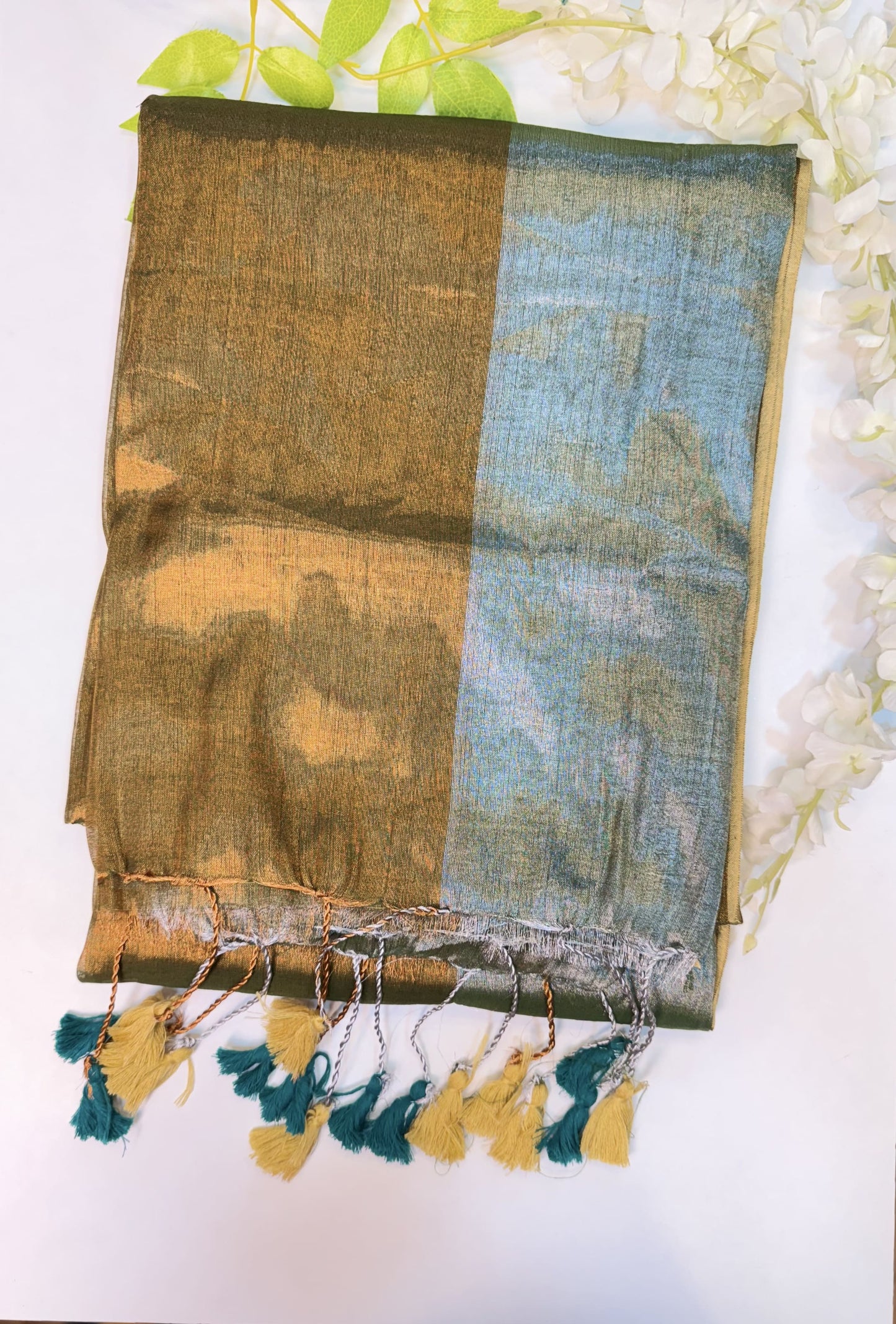 Dual Tone - Silver Green with Copper Green Plain Tissue Saree