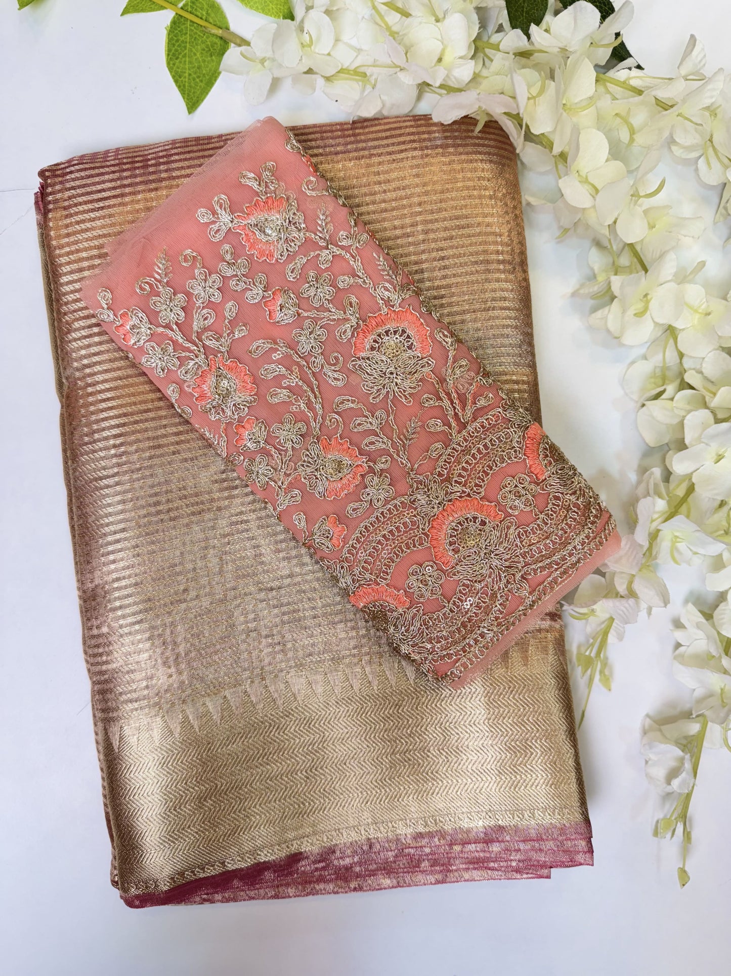 Golden Pink Tissue Saree with Work Blouse Combo