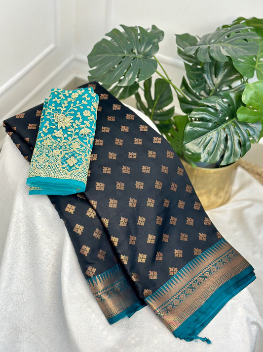 Black Soft Silk Saree with Work Blouse Combo