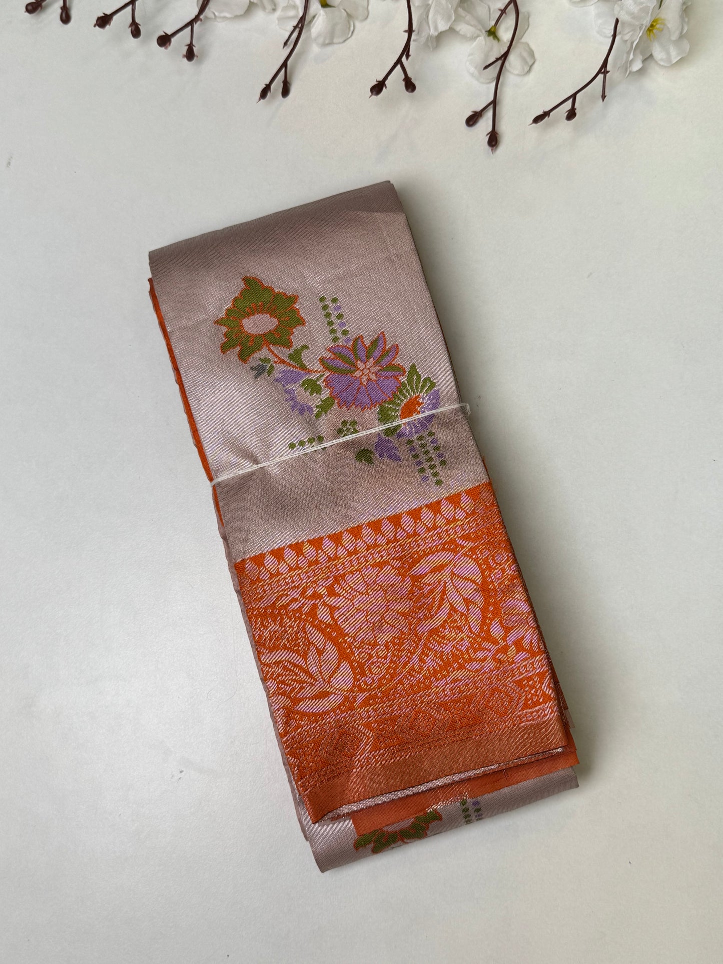 Rose-Gold with Orange Bordered Kanchi Tissue-Soft Silk Saree