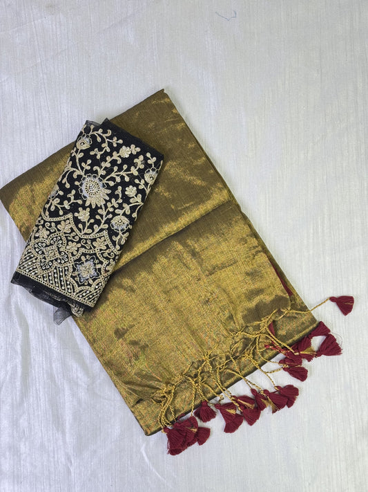 Golden Black Plain Tissue Saree with Work Blouse Combo