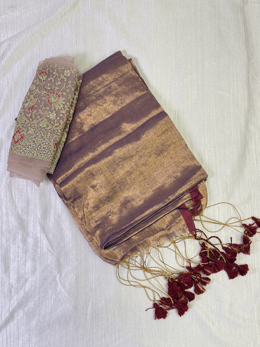 Light Lavender Plain Tissue Saree with Work Blouse Combo