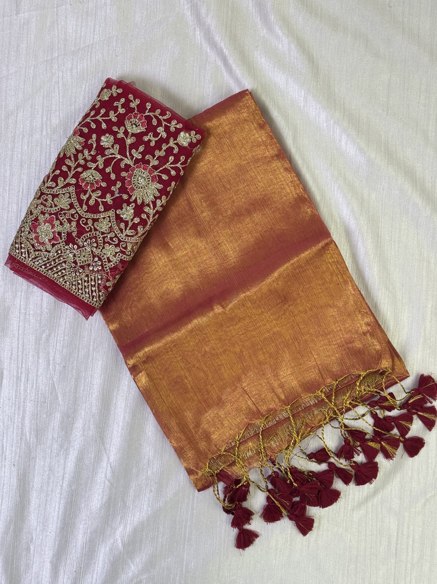 Golden Pink Plain Tissue Saree with Work Blouse Combo