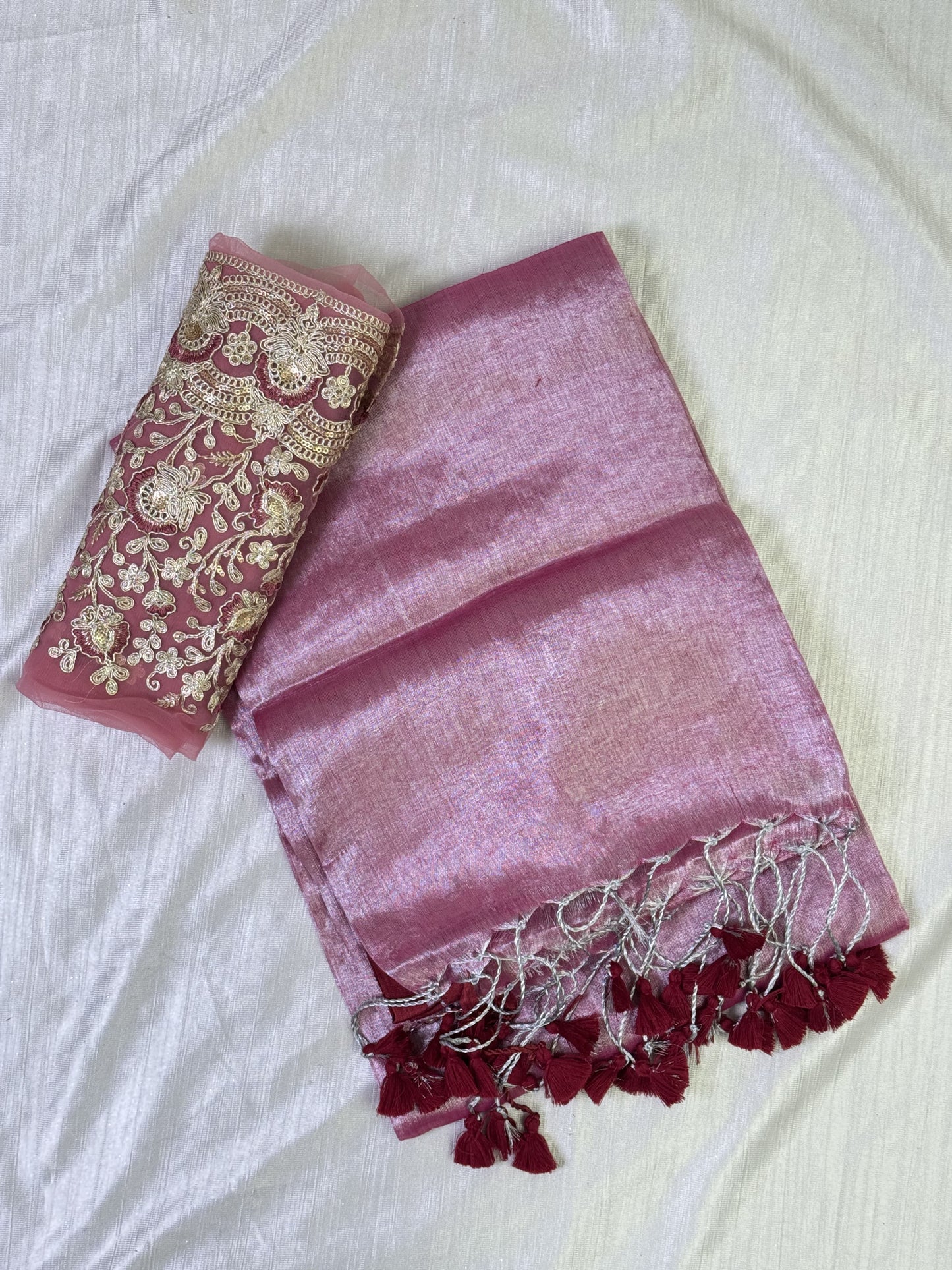 Silver Pink Maroon Tassel Plain Tissue Saree with Work Blouse Combo