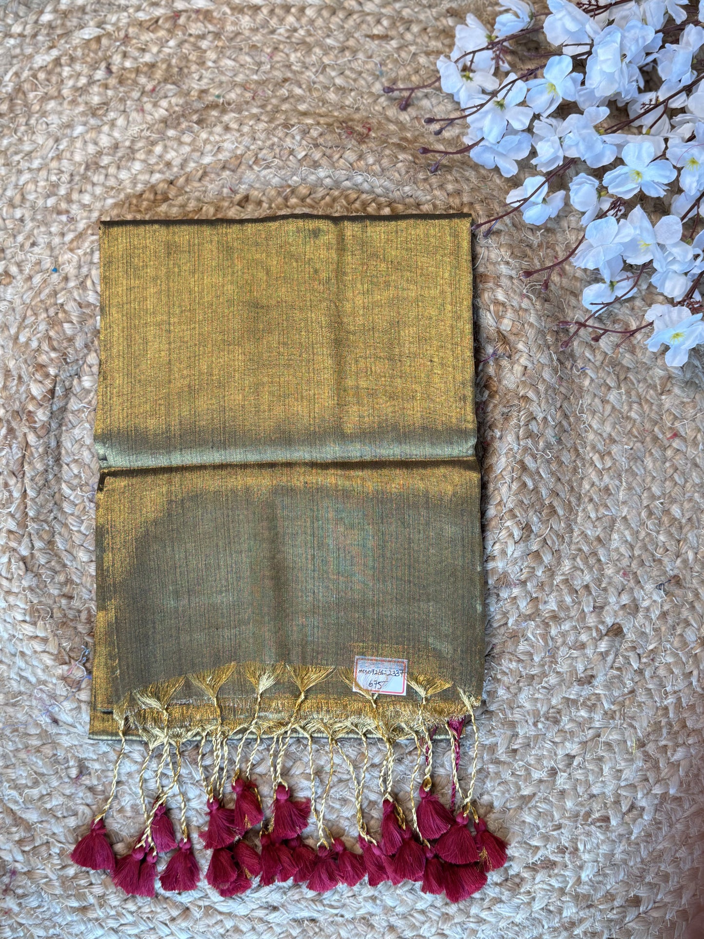 Golden Black, Maroon Tassels Plain Khadi Tissue Saree