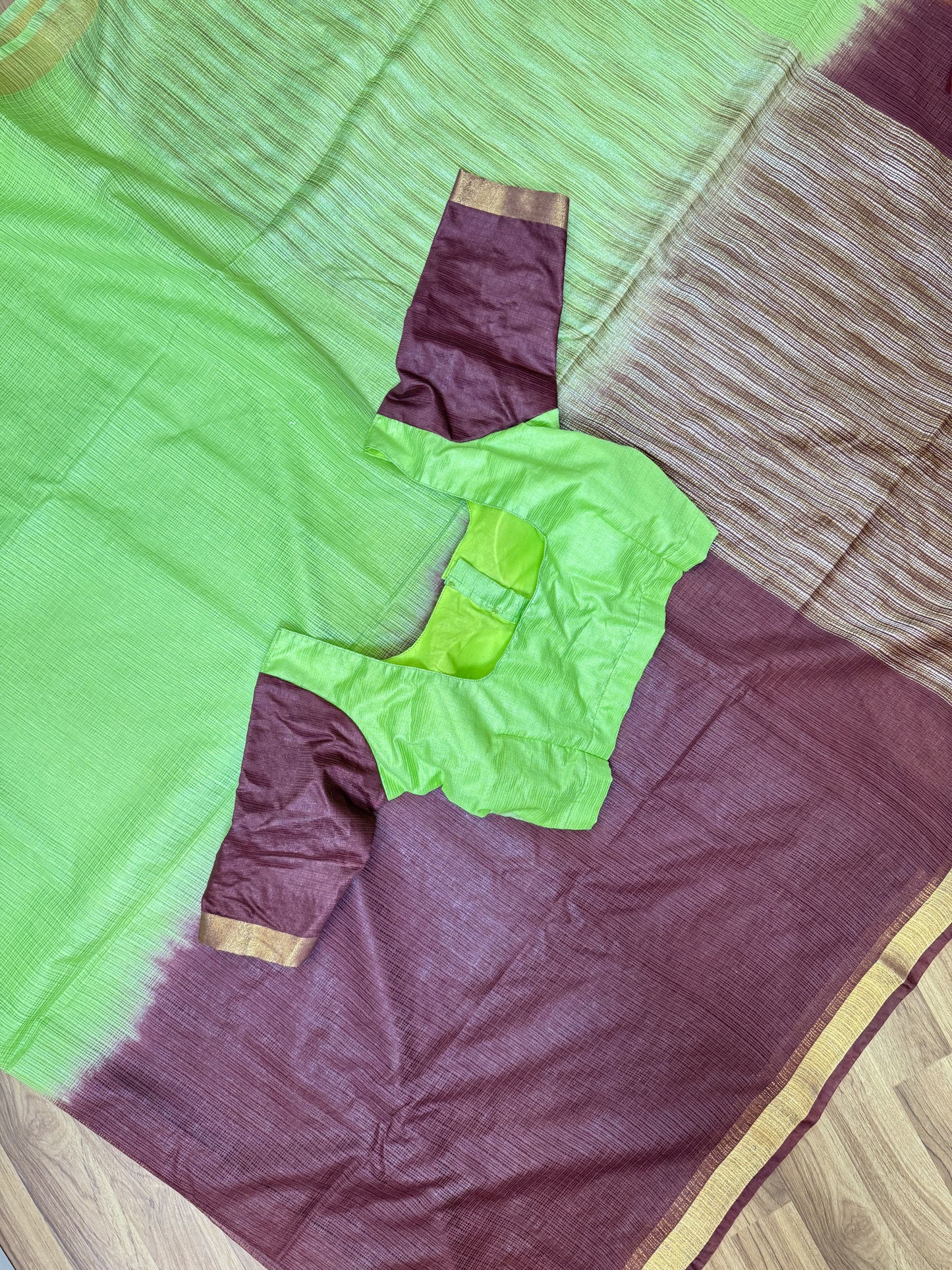 Green with Magenta Kota Cotton Saree with Stitched Blouse Combo