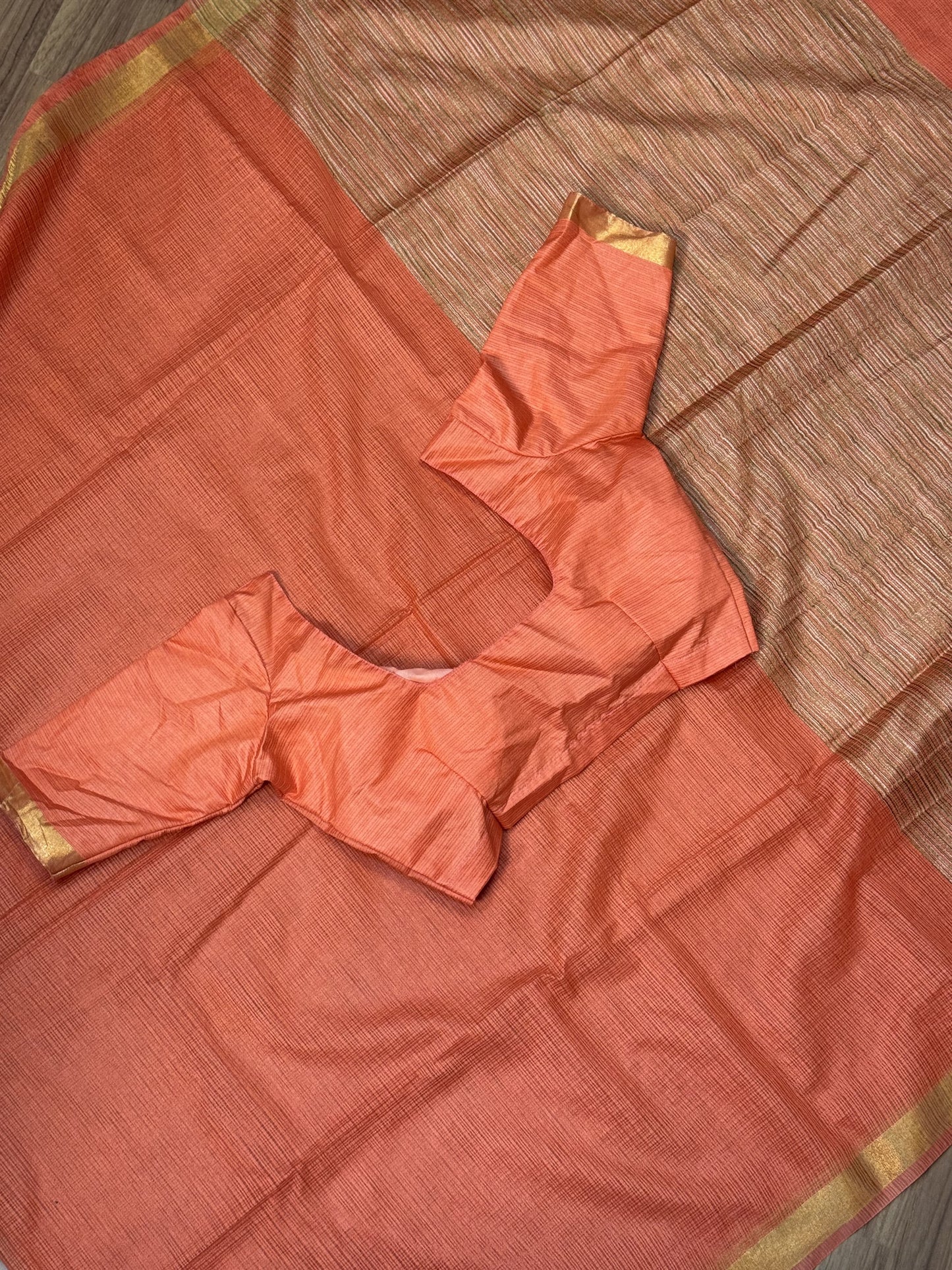 Orange Kota Cotton Saree with Stitched Blouse Combo