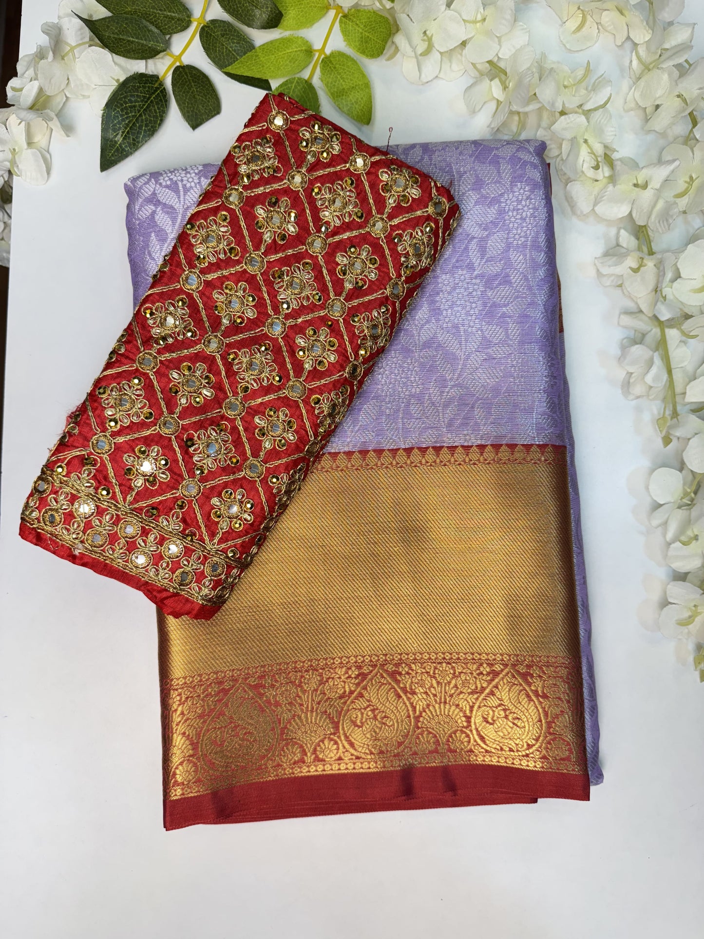 Lavendar with Red Semi Kathan Saree with Work Blouse Combo