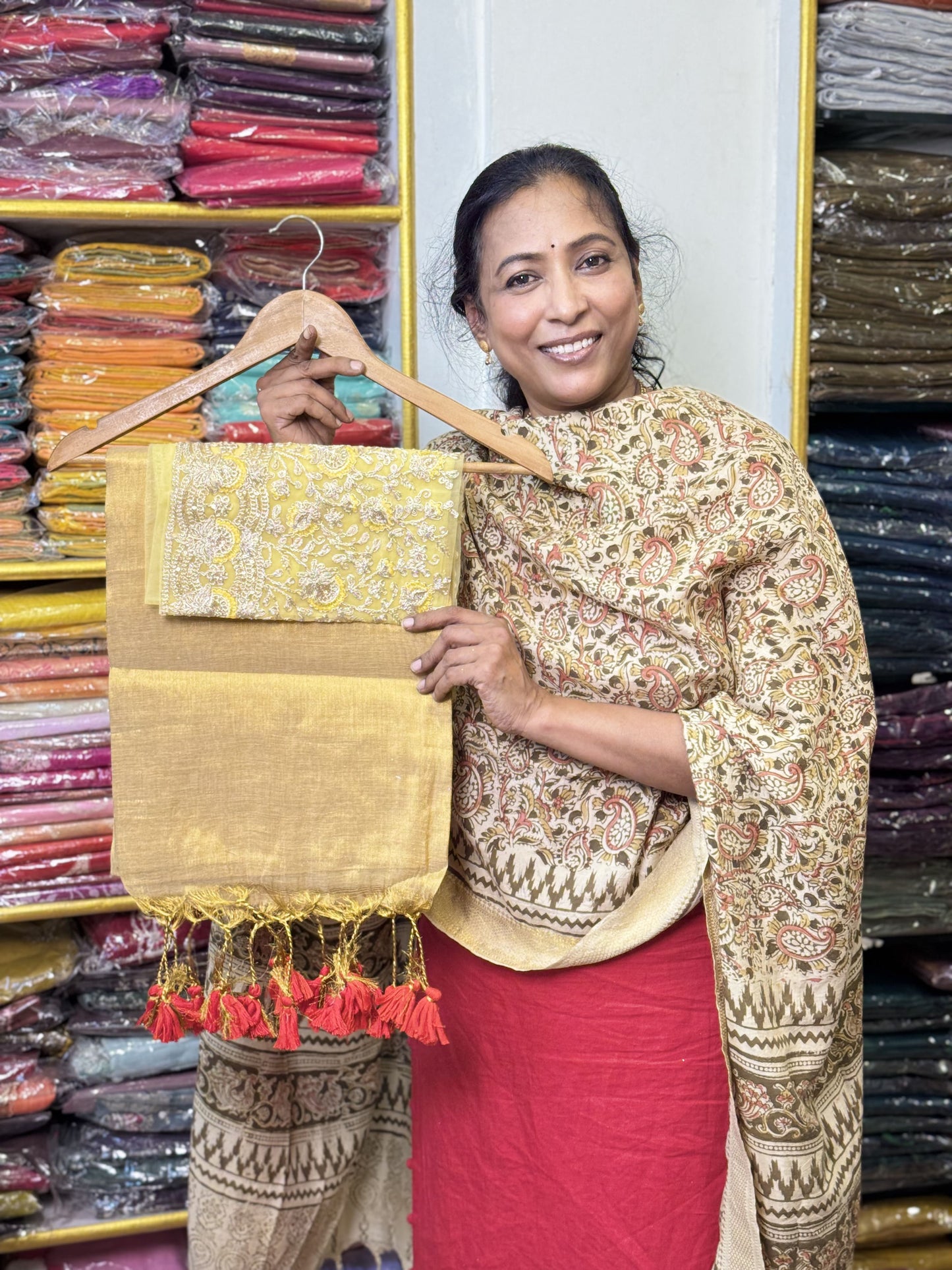 Gold Plain Tissue Saree with Work Blouse Combo