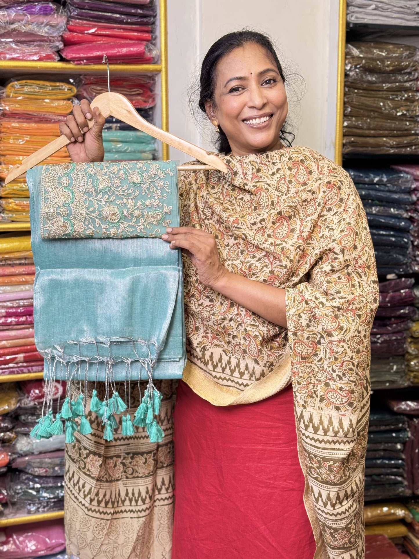 Silver Sea Foam Plain Tissue Saree with Work Blouse Combo