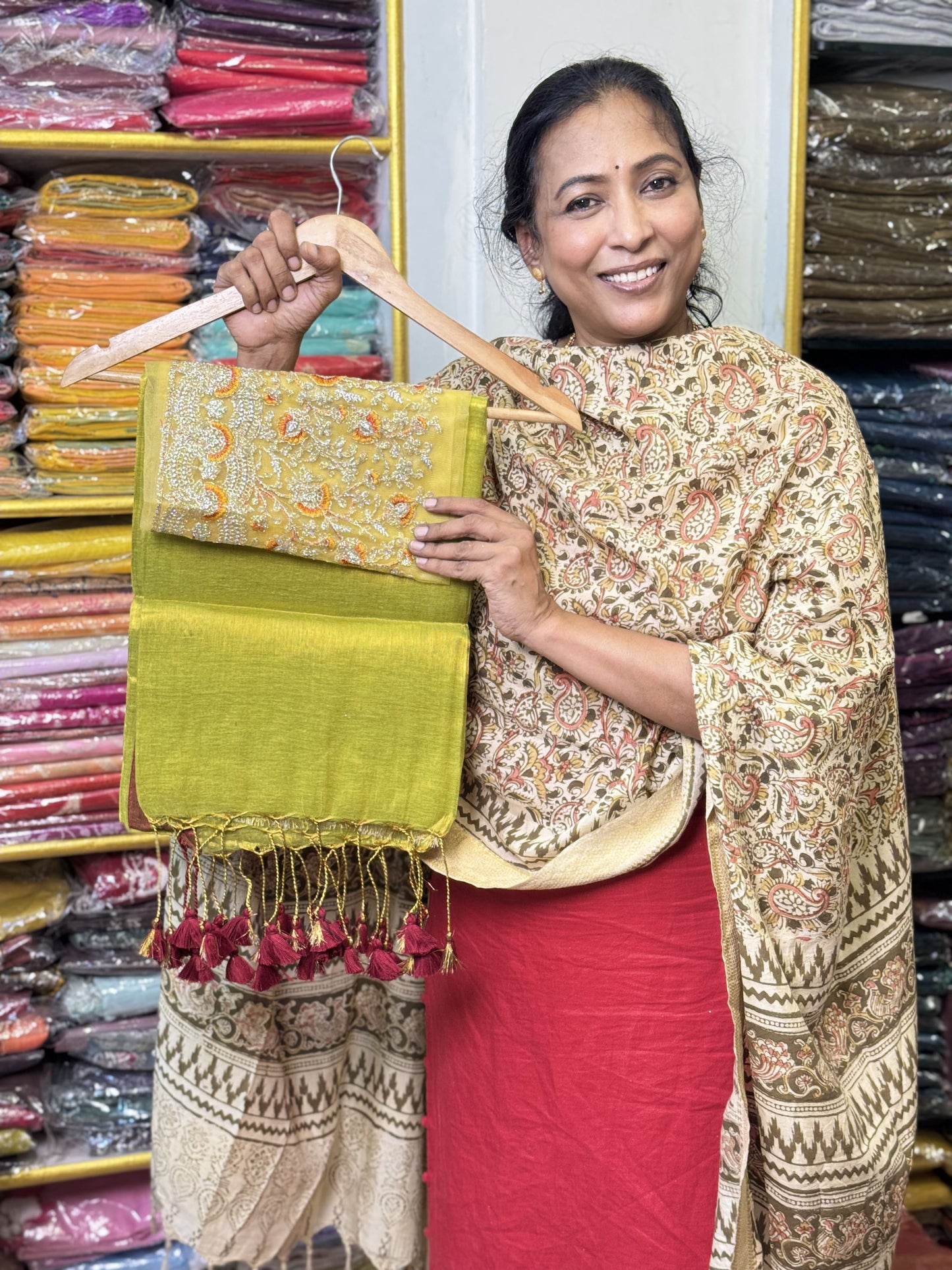 Lime Green Plain Tissue Saree with Work Blouse Combo