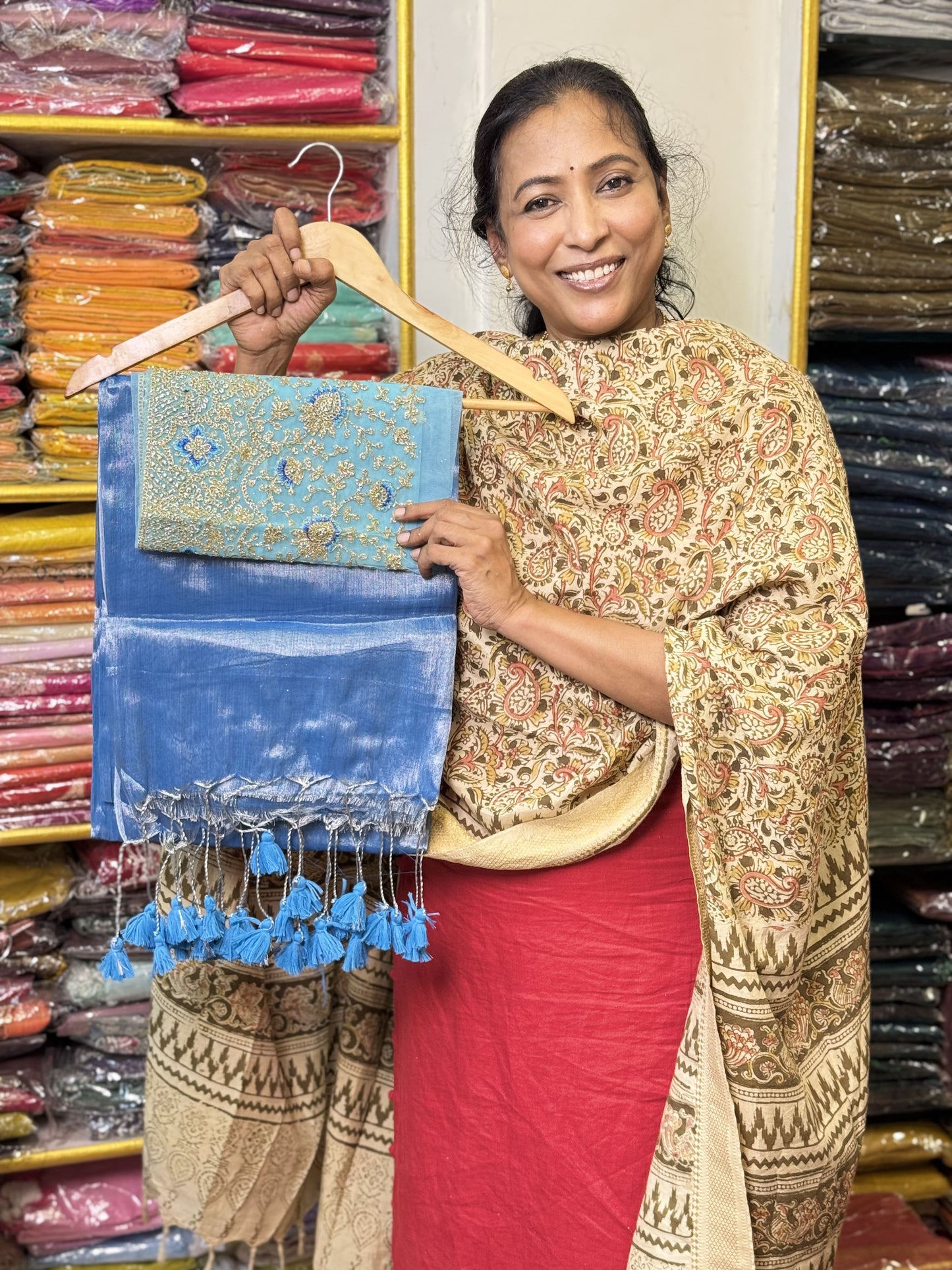 Silver Blue Plain Tissue Saree with Work Blouse Combo