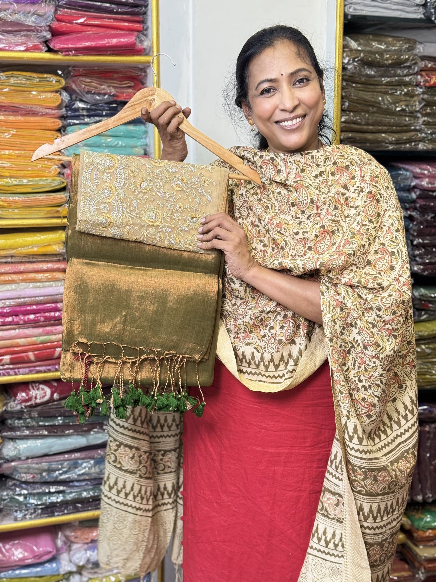 Copper Green Plain Tissue Saree with Work Blouse Combo