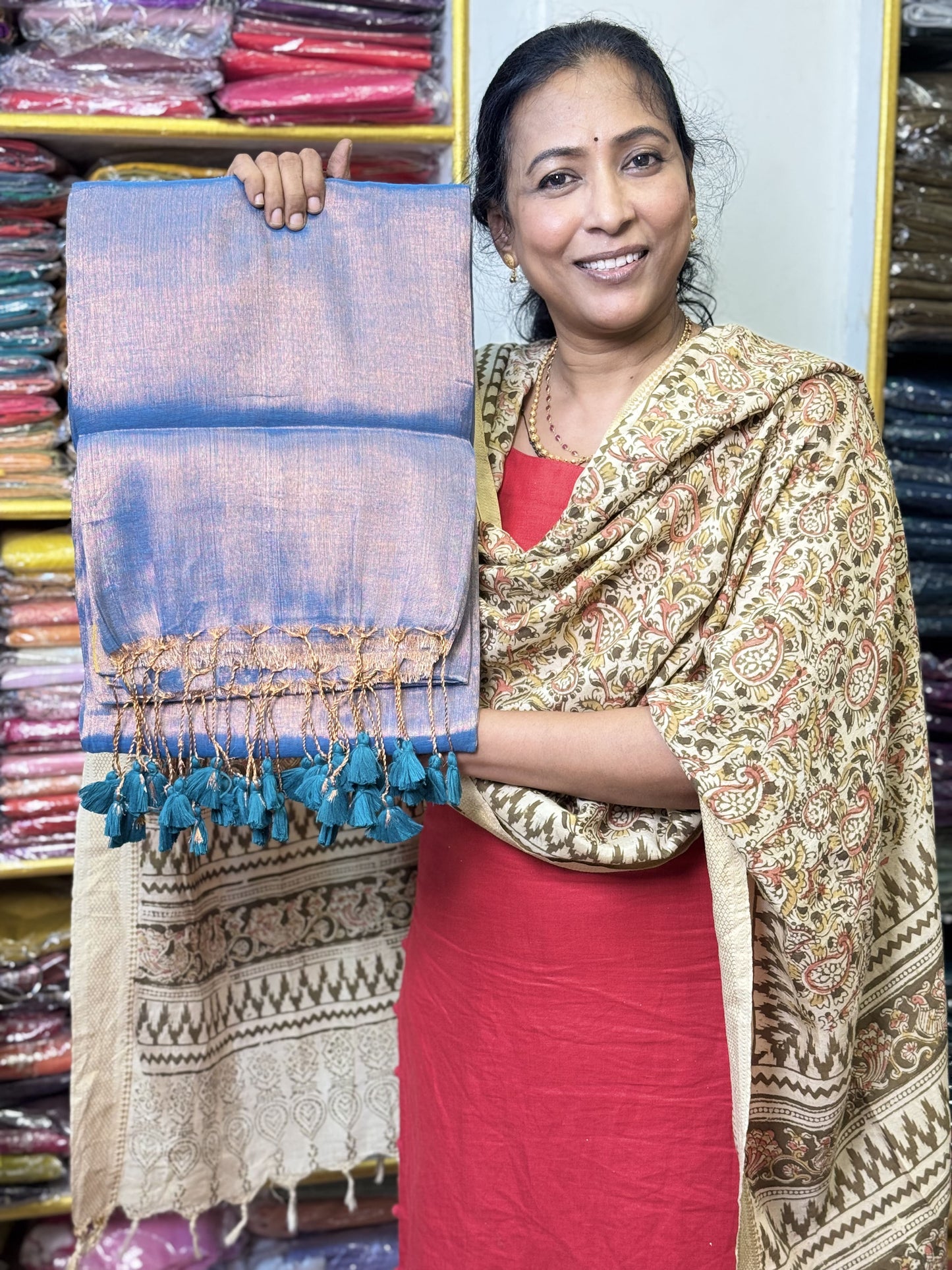 Copper Blue RamaGreen Tassels Plain Tissue Saree