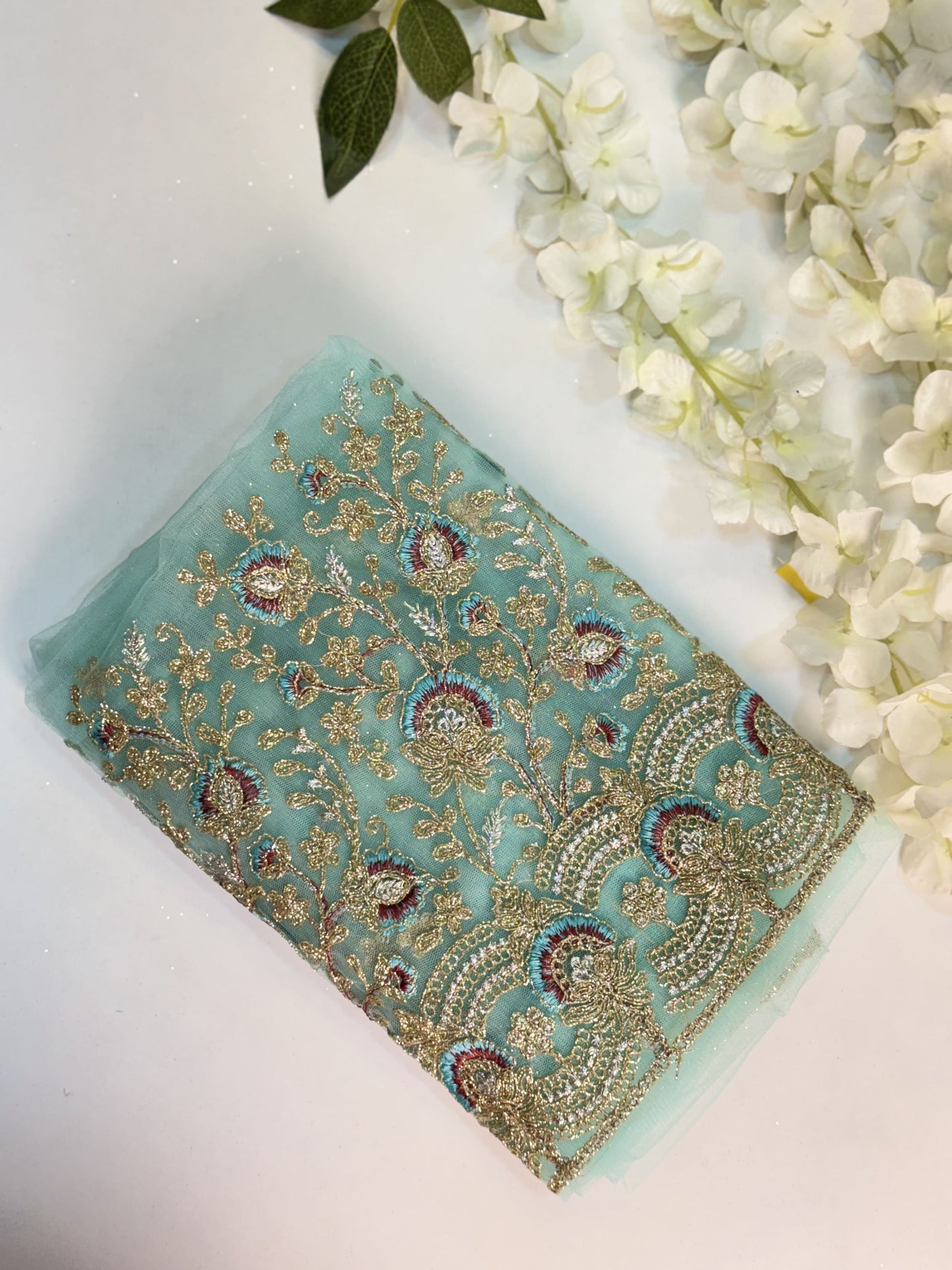 Light Cyan Netted-Machine Work Blouse