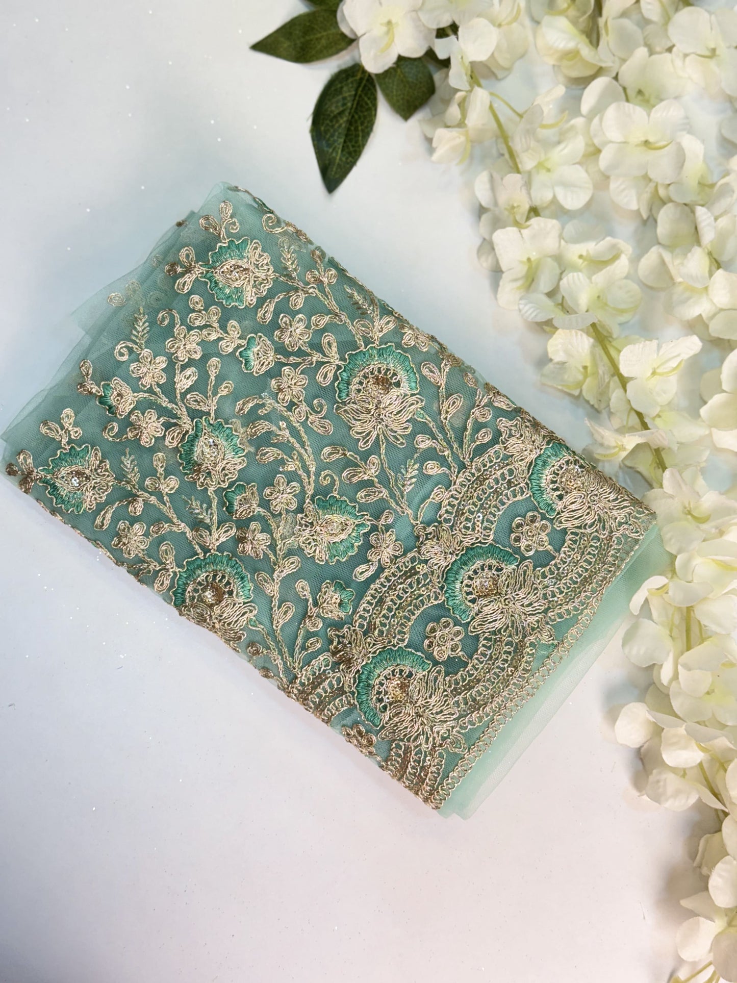 Light Cyan Netted-Machine Work Blouse