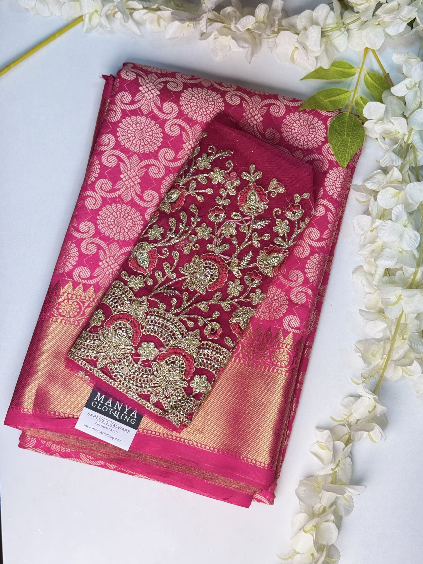 Pink Semi Kathan Saree with Work blouse combo