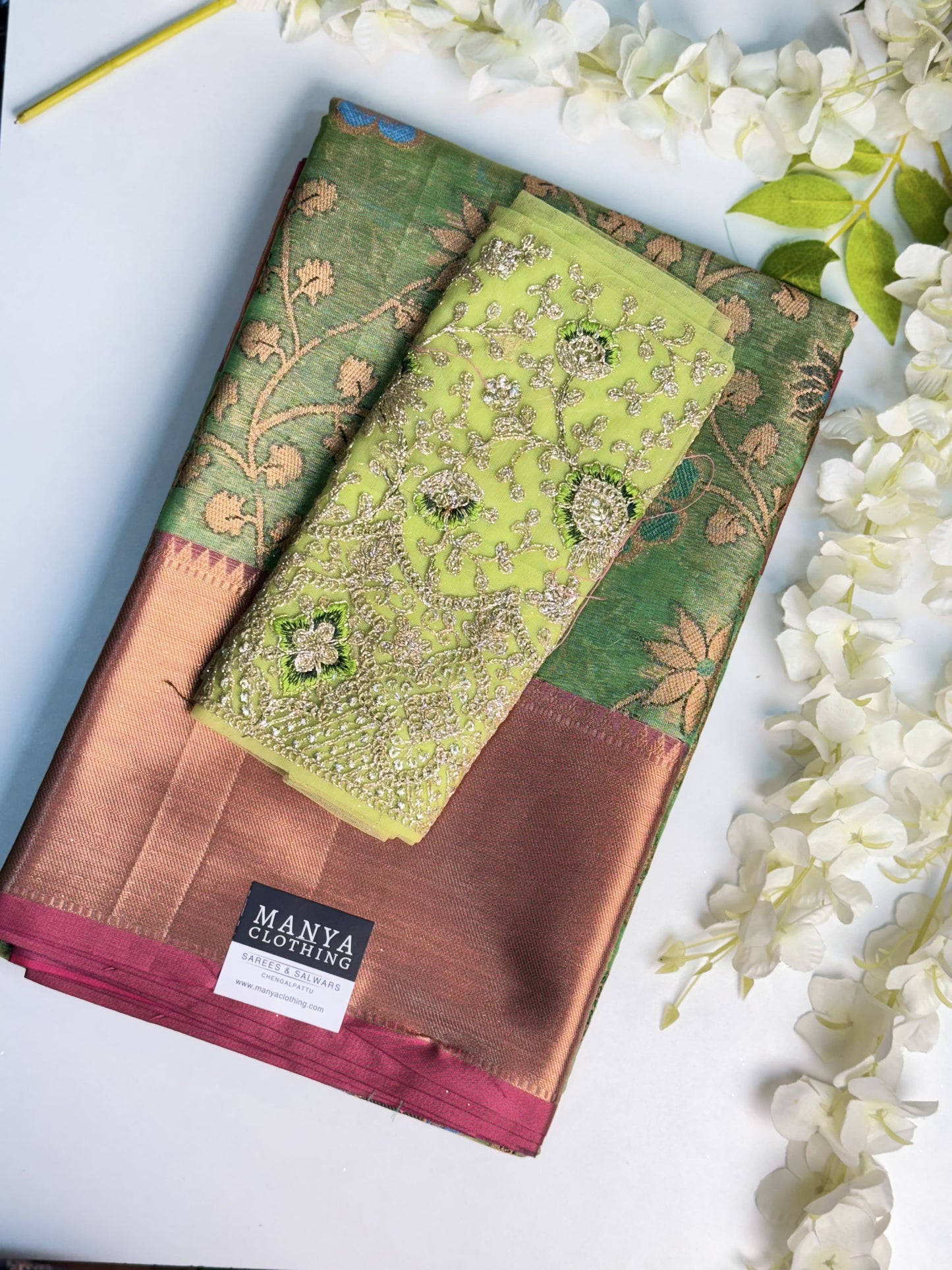 Green Semi Kathan Saree with Work blouse combo