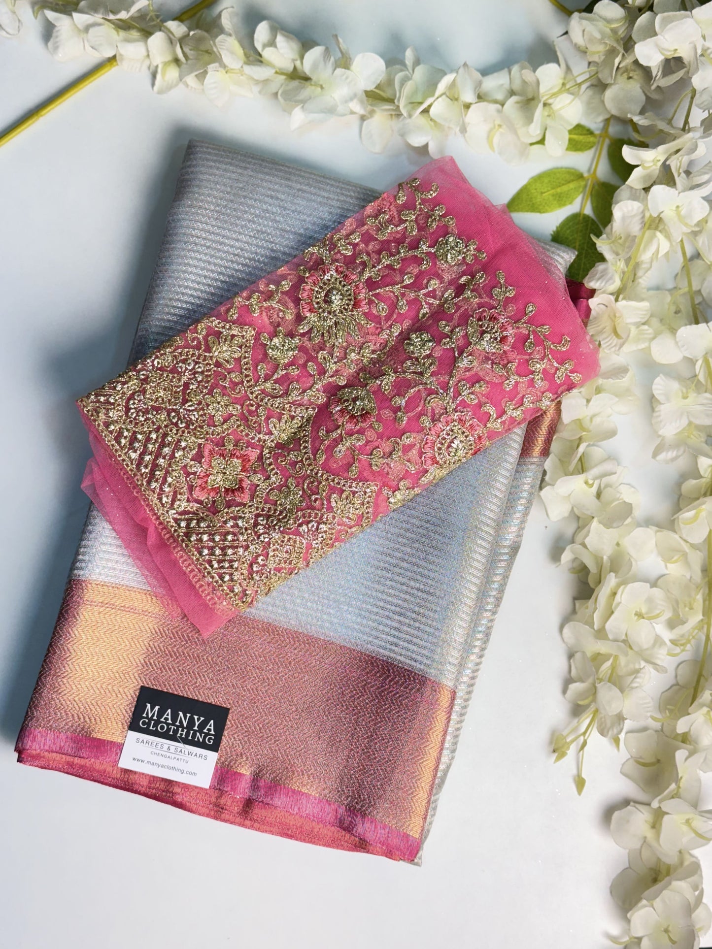 Silver-Pink Tissue Saree with Work blouse combo