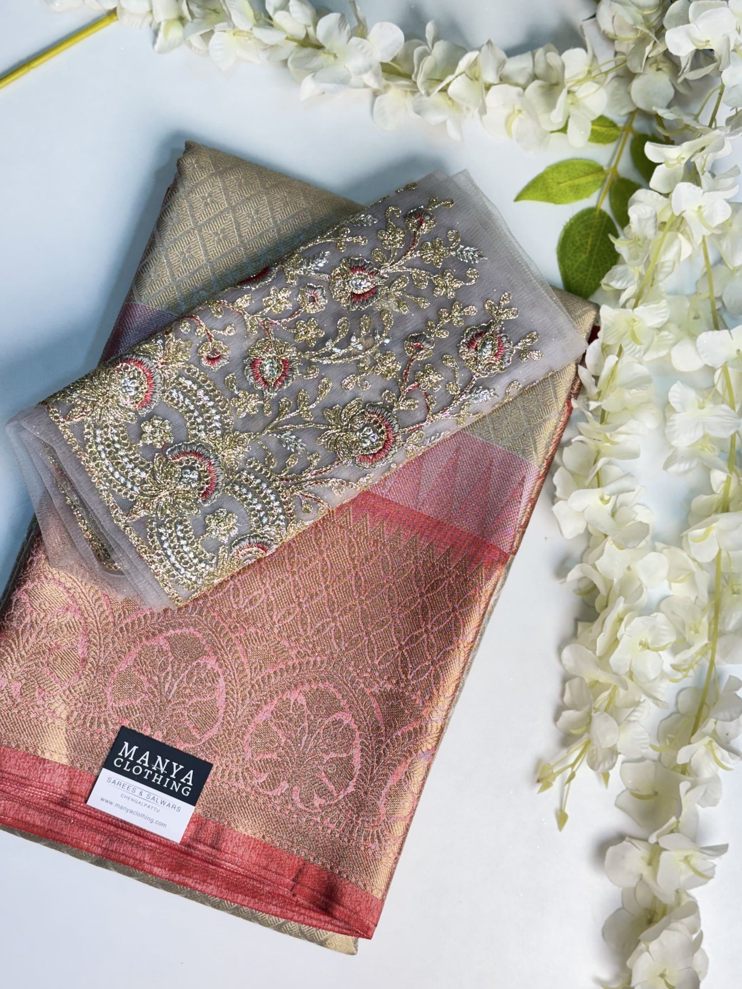 Silver-Grey Semi Kathan Saree with Work blouse combo