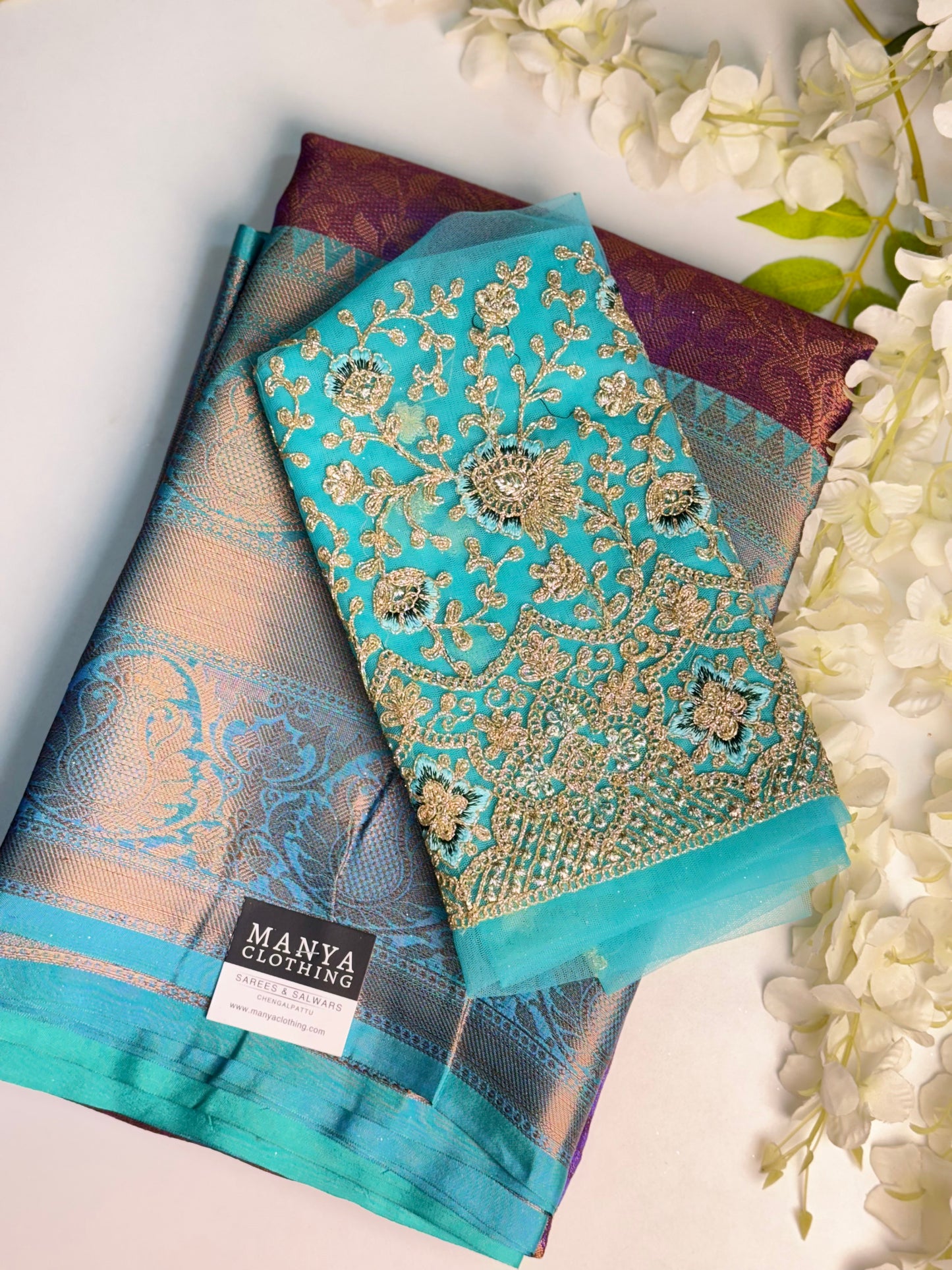 Purple with Cyan Tissue Saree with Work blouse combo