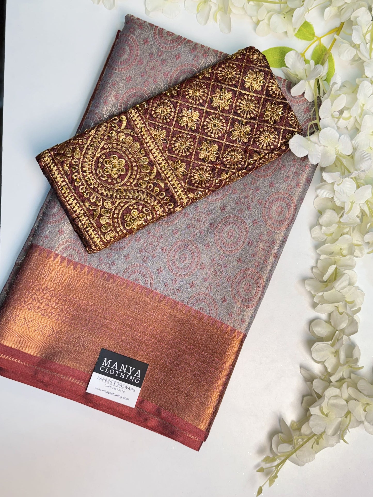 Silver-Grey Semi Kathan Saree with Work blouse combo