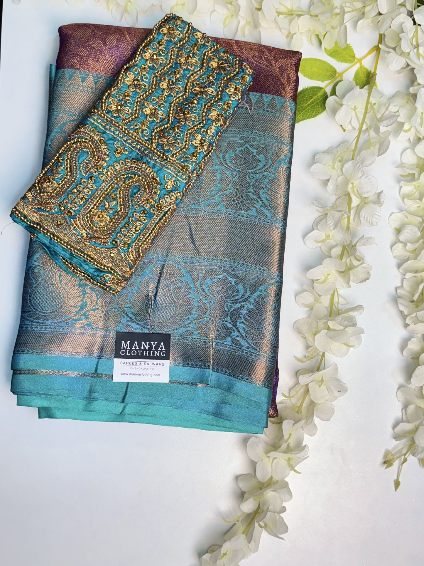 Purple with Cyan Tissue Saree with Work blouse combo