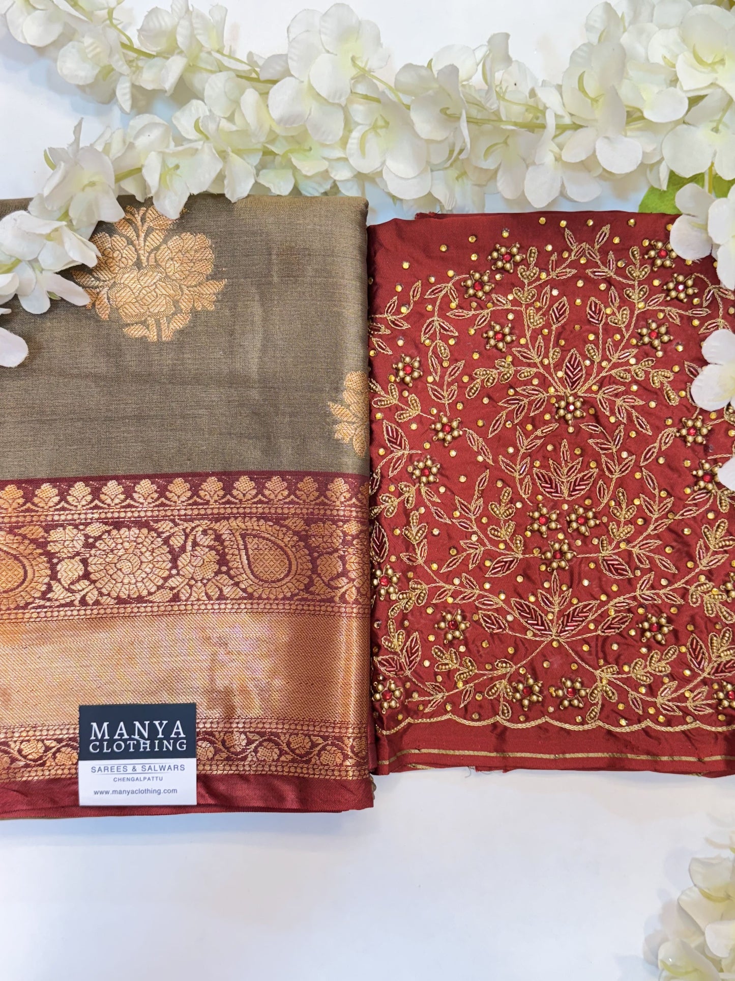 Tan Semi Silk Saree with Hand Work blouse combo