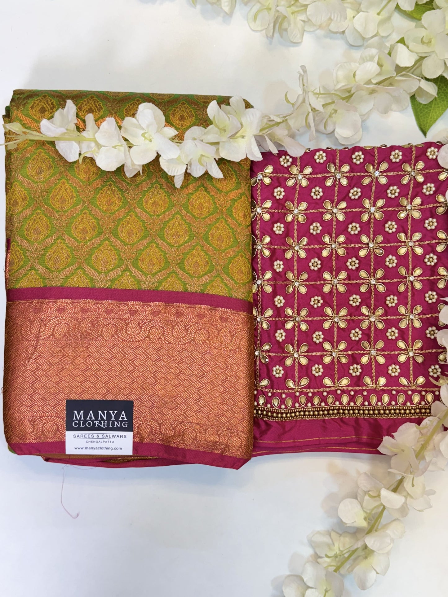 Green Semi Silk Saree with Hand Work blouse combo