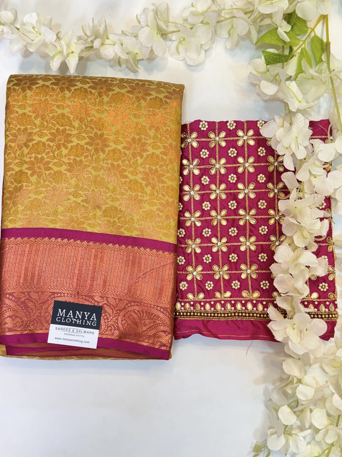 Gold Semi Silk Saree with Hand Work blouse combo