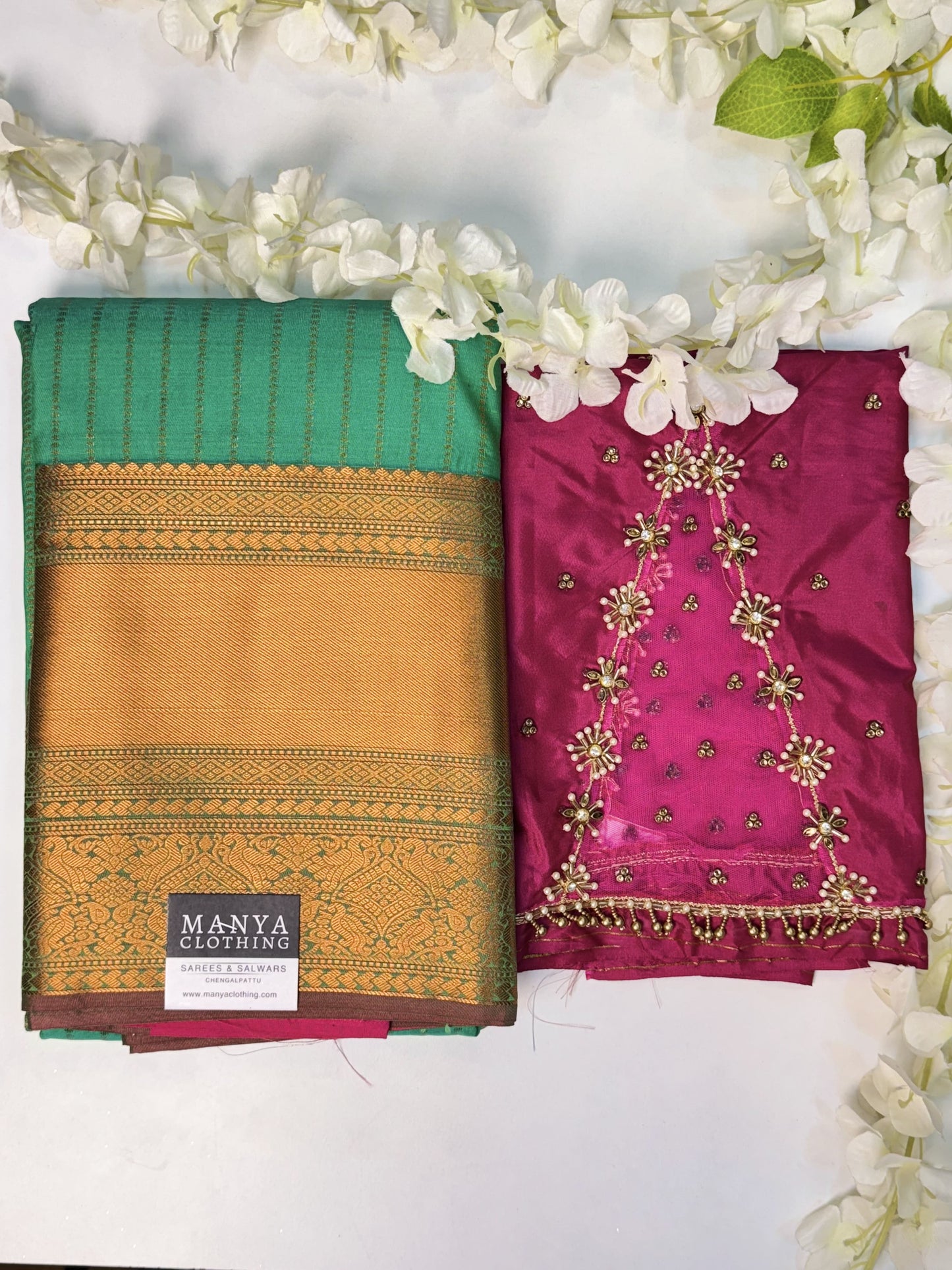 Green Semi Silk Saree with Hand Work blouse combo