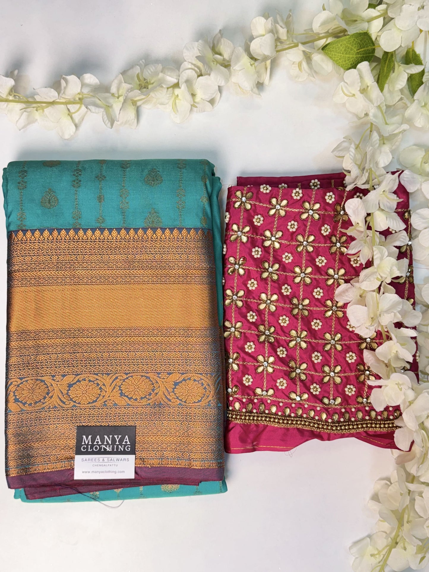 Rama Green Semi Silk Saree with Hand Work blouse combo