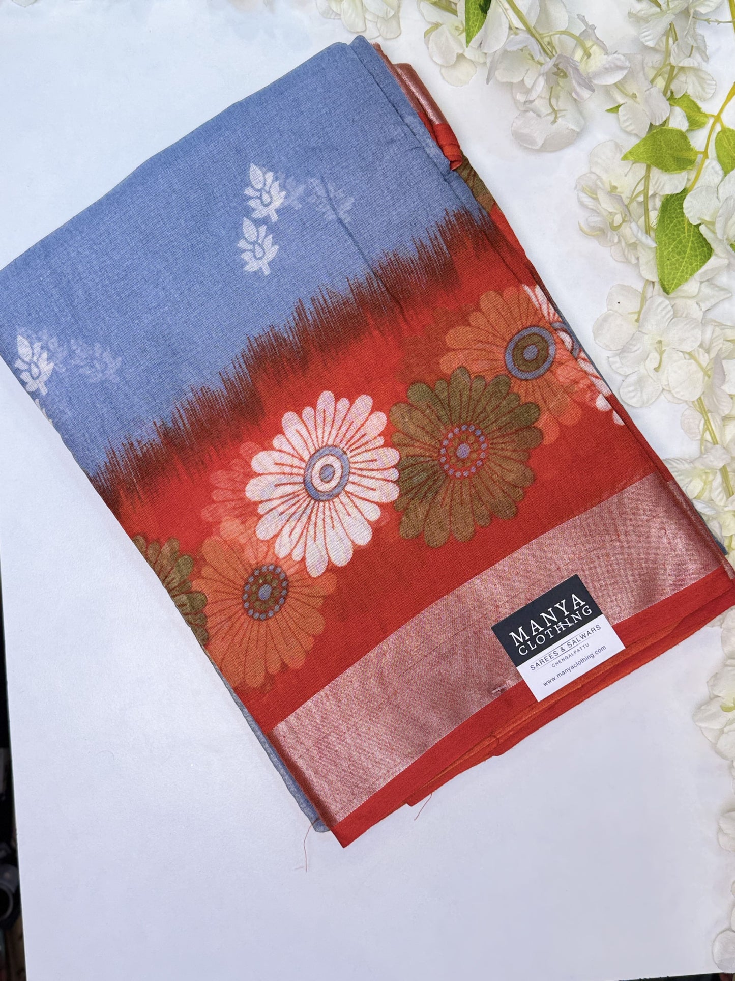 Steel Blue-Red Linen Cotton Saree
