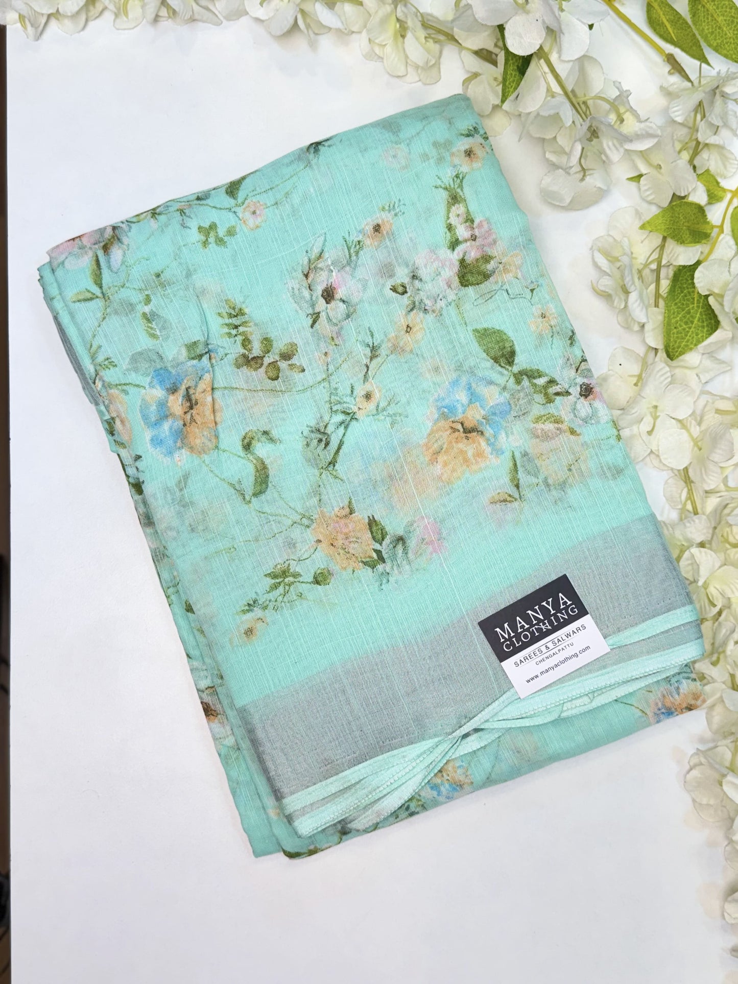 Light Turquoise Linen Cotton Saree