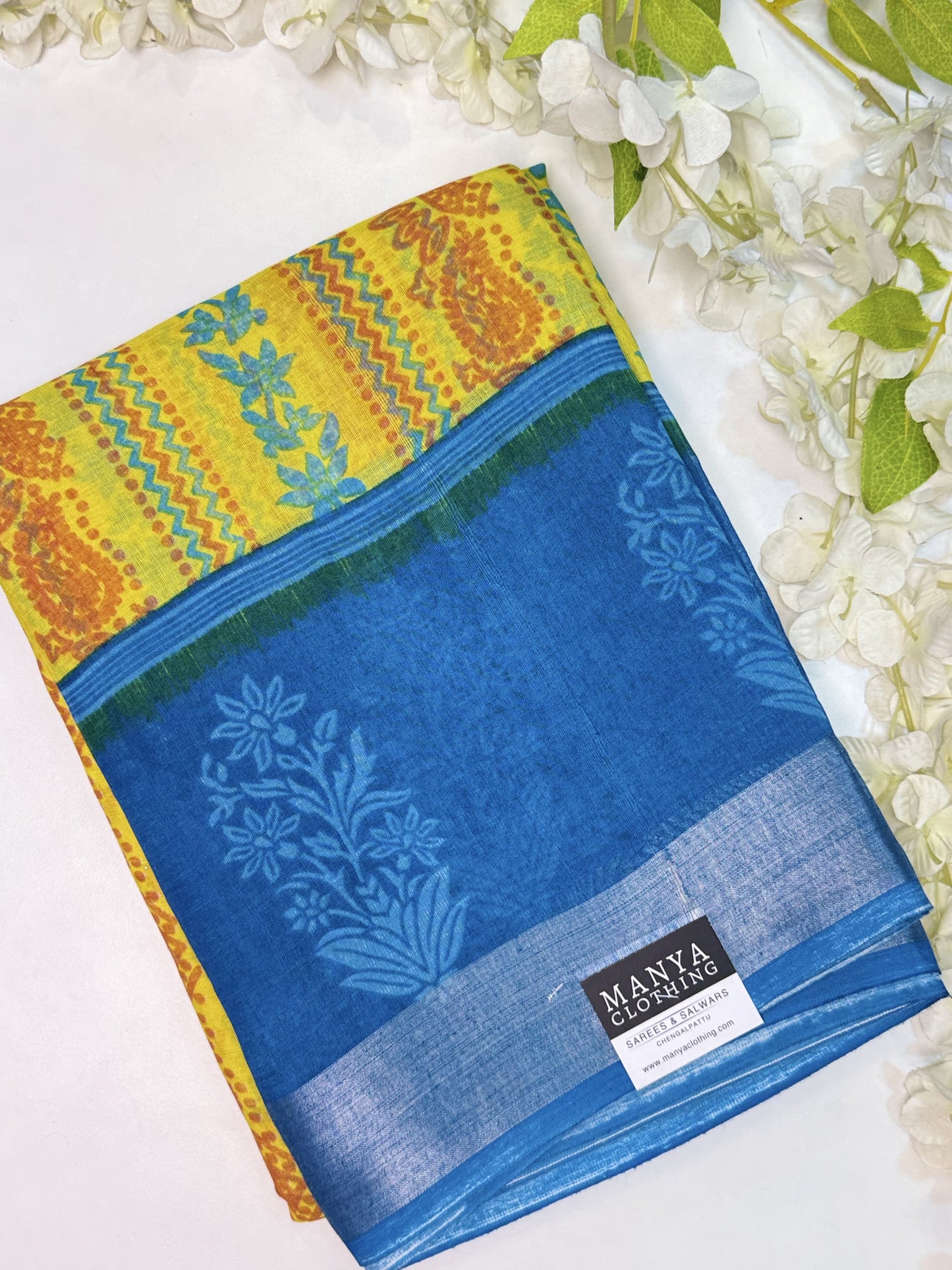 Yellow-Blue Linen Cotton Saree